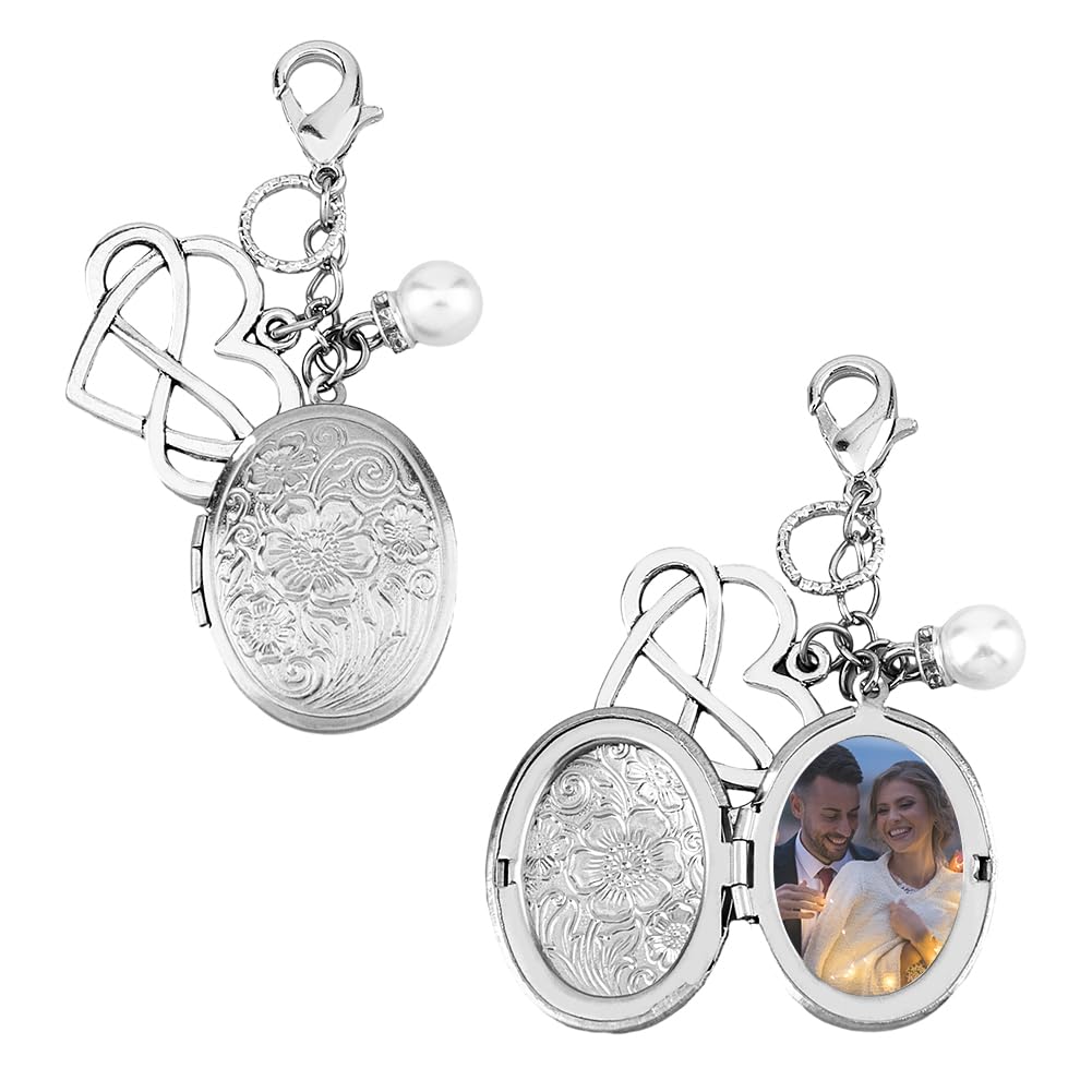 SUPERFINDINGS 2Pcs Wedding Bouquet Photo Charms Oval 316 Stainless Steel Bouquet Locket Photo Frame Pendant Decorations with Alloy Lobster Claw Clasps Memorial Photo Bridal Flower Charms for Wedding