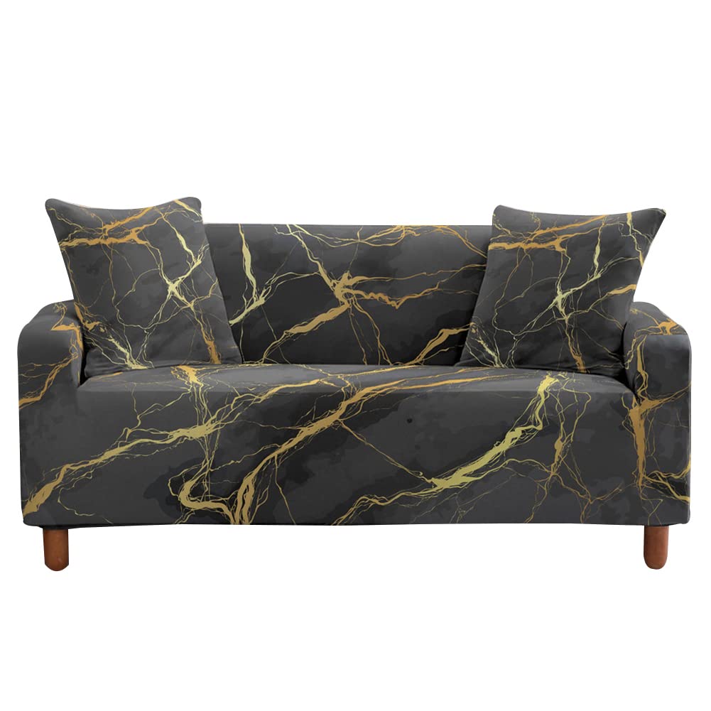 Highdi Black Marble Sofa Cover 1/2/3/4 Seater, Sofa Slipcover Stretch Washable Furniture Protector Printed Non Slip Sofa Covers For Loveseat Couch Sofa (2 Seater,)