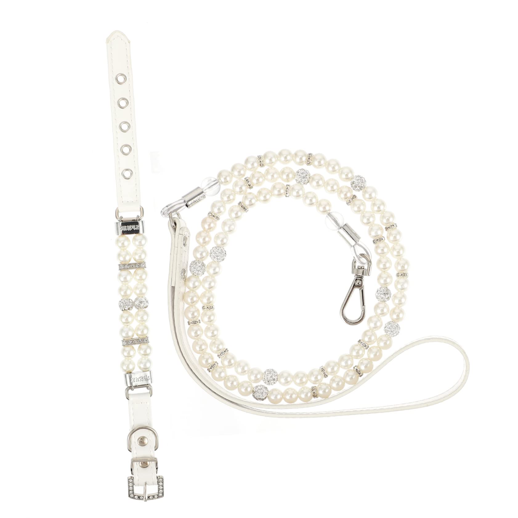 Hundeleine Halsband mit Perlen, 2 Stück, Pu Leder, Weiß | Welpen und Hunde, Flexibel und Verstellbar, Süßes Design, Leicht und Auszuziehen