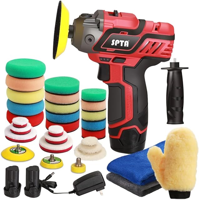 SPTA 12V Cordless Polisher Kit, Mini Buffer Polisher 25mm/50mm/80mm Variable Speed Polisher with 27x Polishing Pads, 2x1500mAh Li-ion,for Car Sanding, Polishing, Waxing, Sealing Glaze -PS081120UK