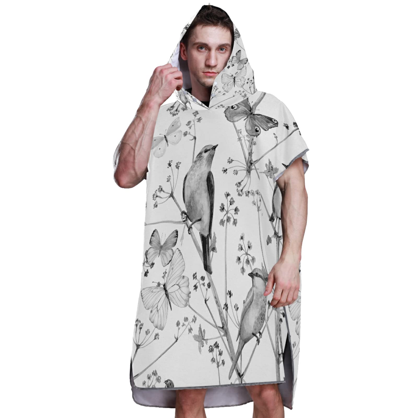 Vintage-Surf-Poncho, nahtlos, mit Vögeln, Blumen und Schmetterlingen für Erwachsene, mit Kapuze und Tasche, schnell trocknender Bademantel, Mikrofaser-Handtuch für Badezimmer, Strand im Freien