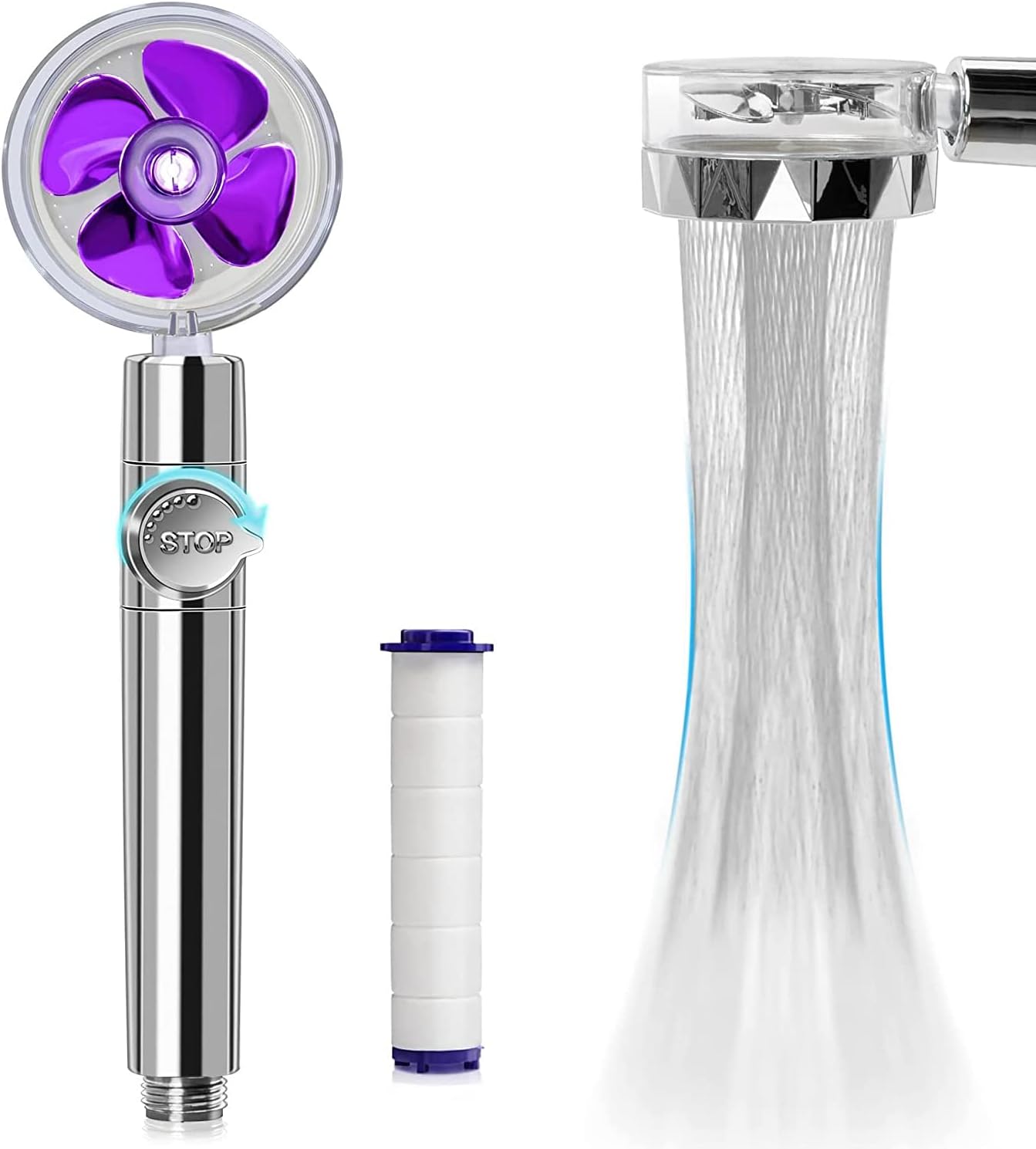 Ducha de agua de alta presión, cabezal de ducha de 360 grados giratorio con hélice, con filtro, cabezal de ducha turbo con ventilador e interruptor (púrpura)