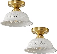 Vista 9 de Vintage Ceramic Semi Flush Mount Ceiling Light - 2 Pack, Gold Hallway Light Fixture, Mid Century Small Close to Ceiling Lamp，Unique Flush Lighting