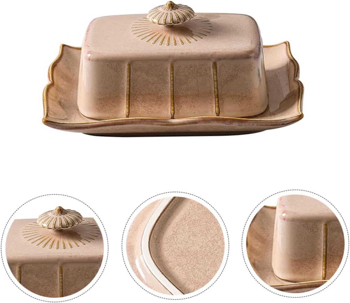 Cabilock Ceramic Butter Dish with Lid Vintage European Style Rectangular Butter Tray Food Storage Container Kitchenware Khaki