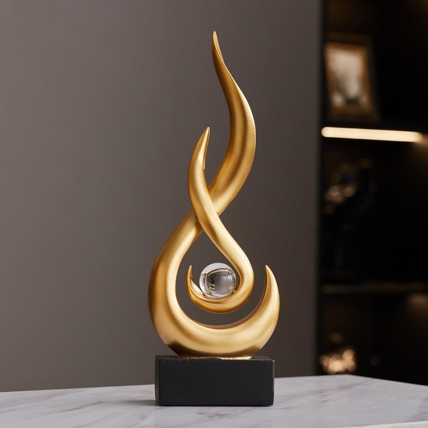 AWNR Abstract Gold Sculpture Decor: Flame Statue with Glass Ball Resin Art Figurines Unique Centerpiece Table Decorations Modern Home Decor Living Room TV Stand Coffee Table Office Decor