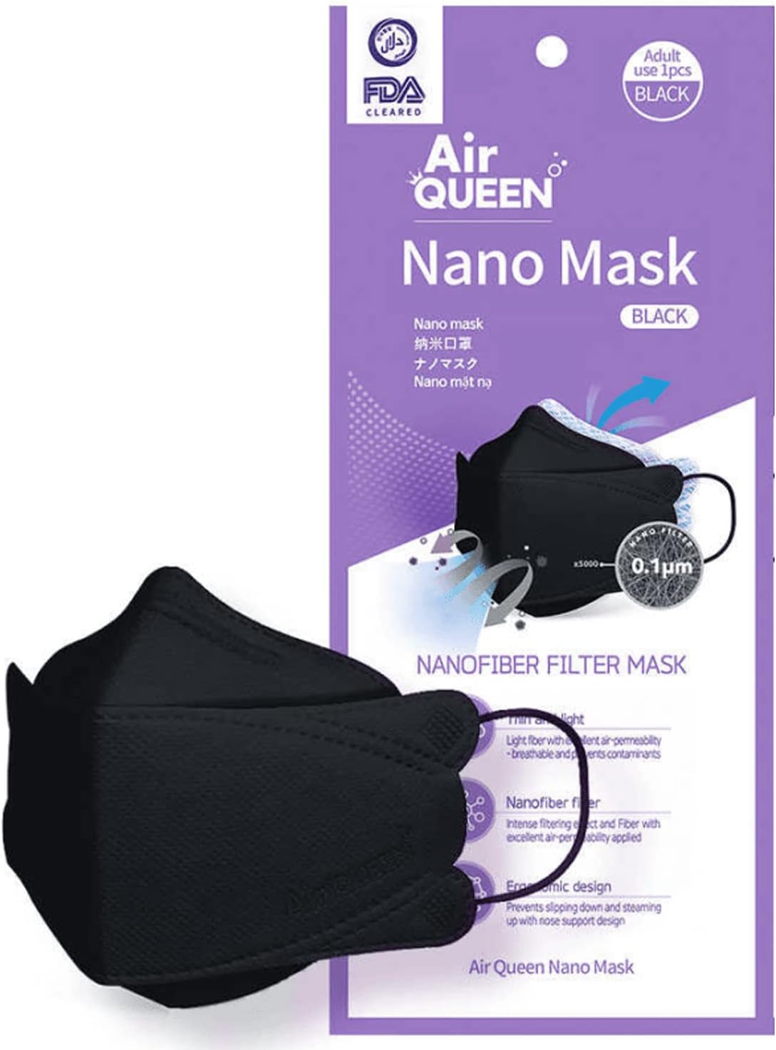 AIRQUEEN 3-Layer Nano-Filter Face Mask for Adults, Black 20 Pack, Lightweight and Breathable Face Mask, Reusable Face Mask