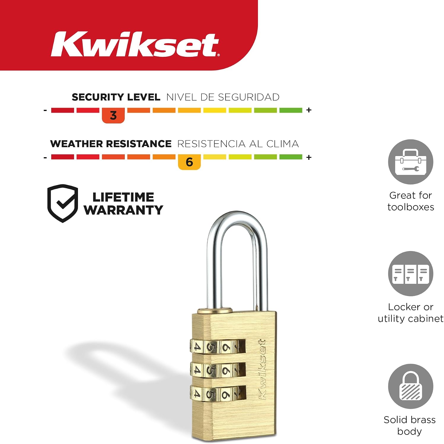 Kwikset Brass Resettable 3-Digit Combination Padlock, Indoor Outdoor Locker and Cabinet Lock, 1-1/8 in Body, 1 in Shackle, 1 Pack, Brass