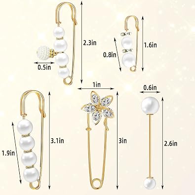 5 Pieces Pearl Brooch Safety Pins for Clothes Safety Pin for Women Fashion Sweater Shawl Collar Dresses Cardigan Clips Faux Crystal Pearl Brooches Set for Girls Jewelry Decoration Accessories (Gold)