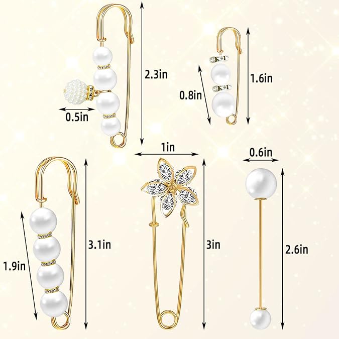 5 Pieces Pearl Brooch Safety Pins for Clothes Safety Pin for Women Fashion Sweater Shawl Collar Dresses Cardigan Clips Faux Crystal Pearl Brooches Set for Girls Jewelry Decoration Accessories (Gold)