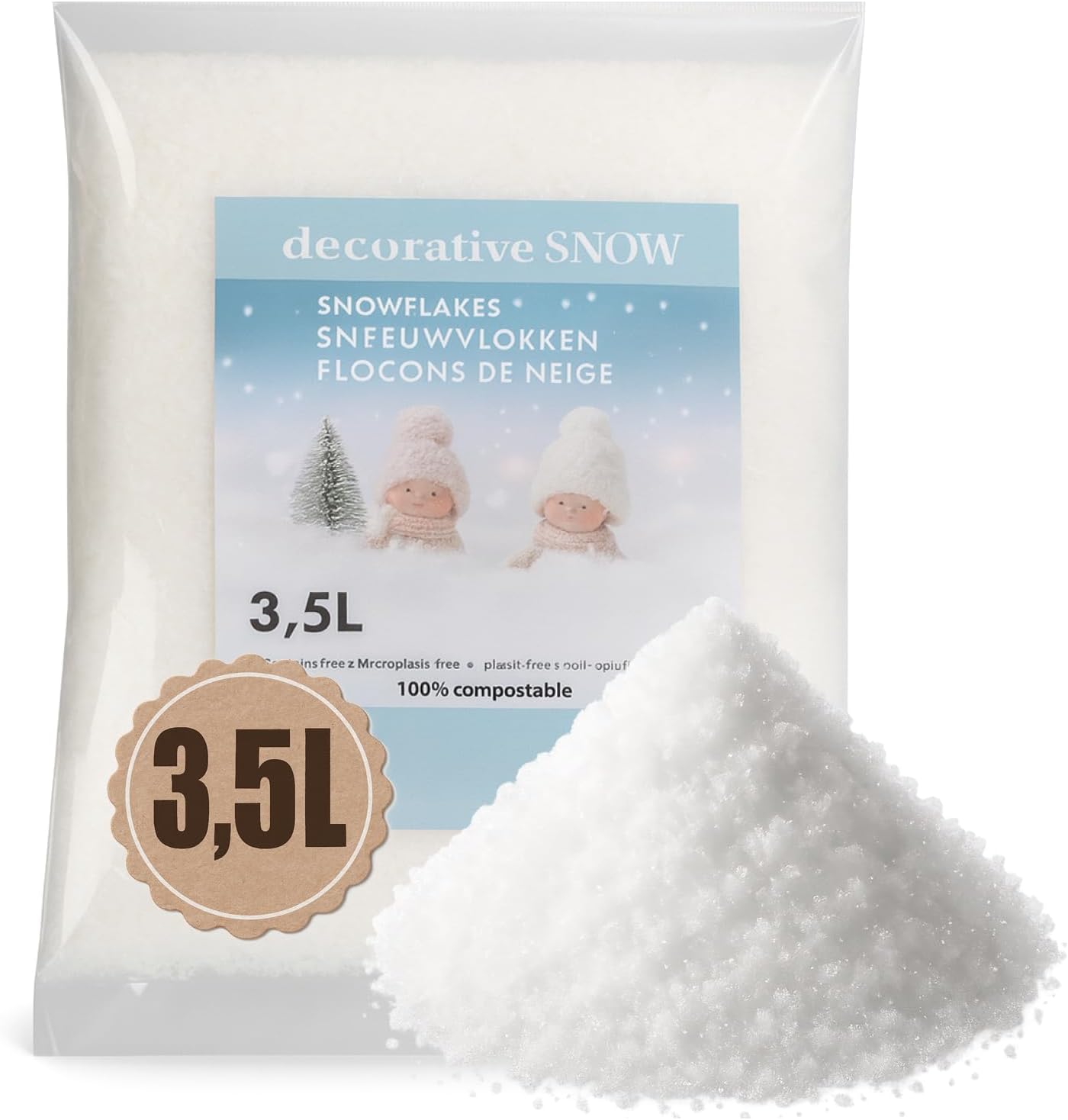 com-four® 3500 ml Artificial Snow for Decorating and Crafts - Fluffy Snow - 100% Compostable Decorative Snow for Christmas - Deceptively Real & Soft Snow (3.5 Litres - Crystal Snow)