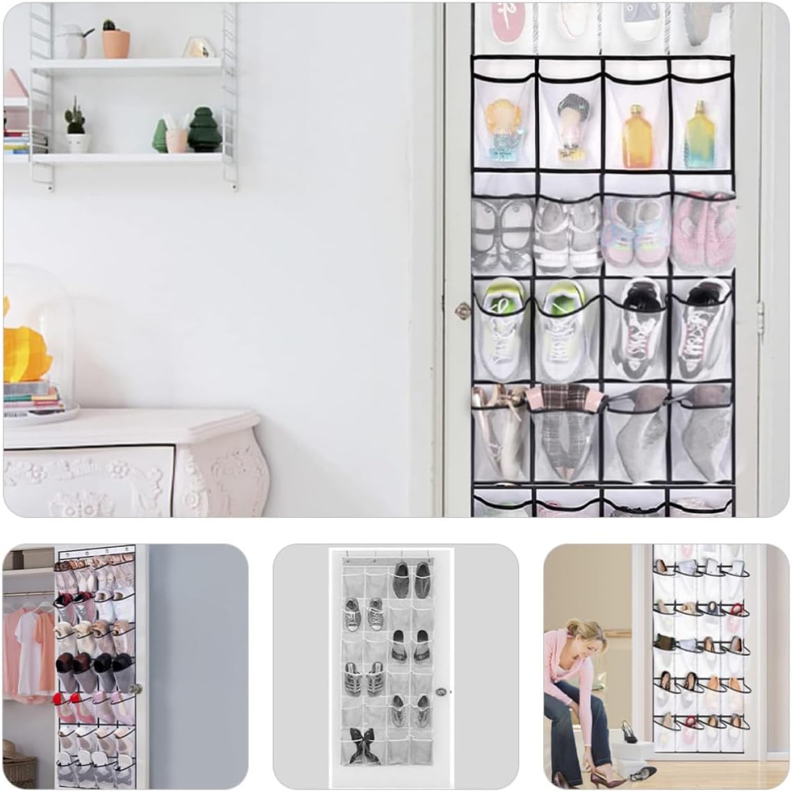 White 28-grid Hanging Shoe Organizer with Breathable Mesh Pockets