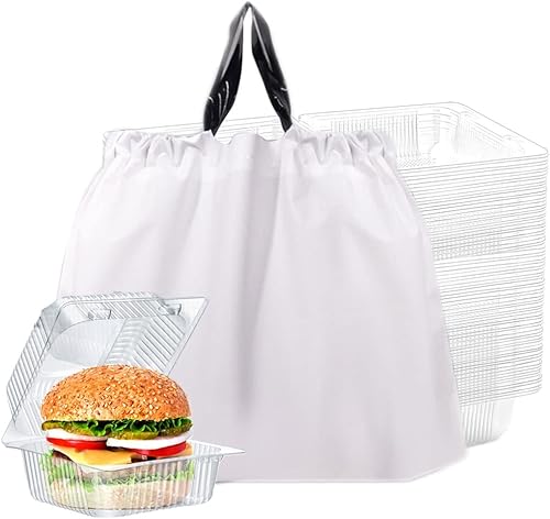 PCBAG 50 bolsas de almuerzo de plástico reutilizables con asas, resistentes con cordón para llevar, para llevar, entrega, comestibles (blanco)