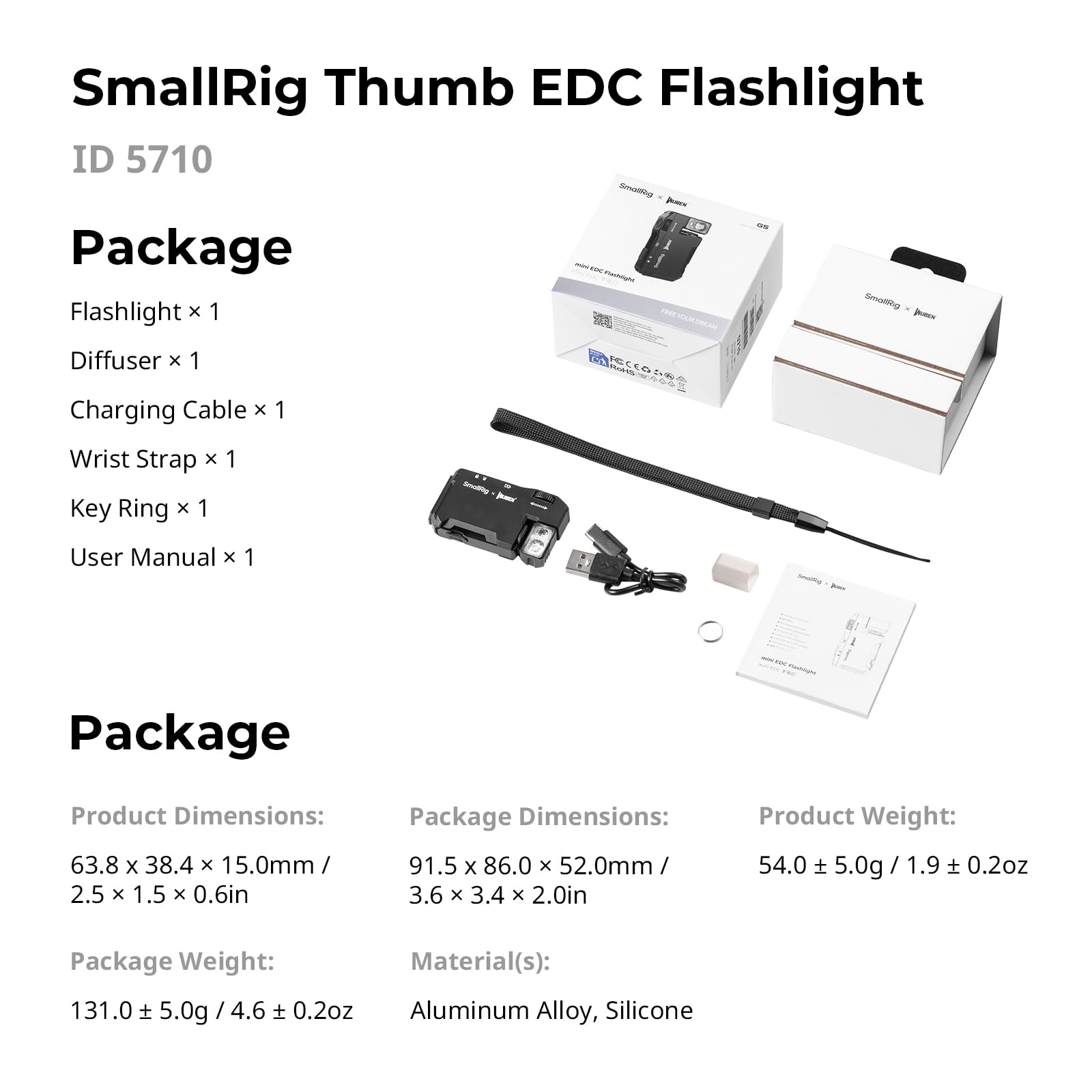 SMALLRIG Mini torcia EDC ricaricabile, luce LED magnetica da 400 lumen, formato tascabile, impermeabile IP65, vite da 1/4"-20, diffusore, torcia portatile per campeggio, segnalazione - 5710