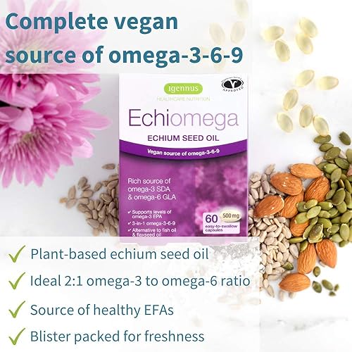 Miniatura 3 de Echiomega Vegan Triple Omega 3 6 9 500 mg, aceite de semilla de Echium, suplemento EFA para mujeres con GLA, 60 cápsulas blandas