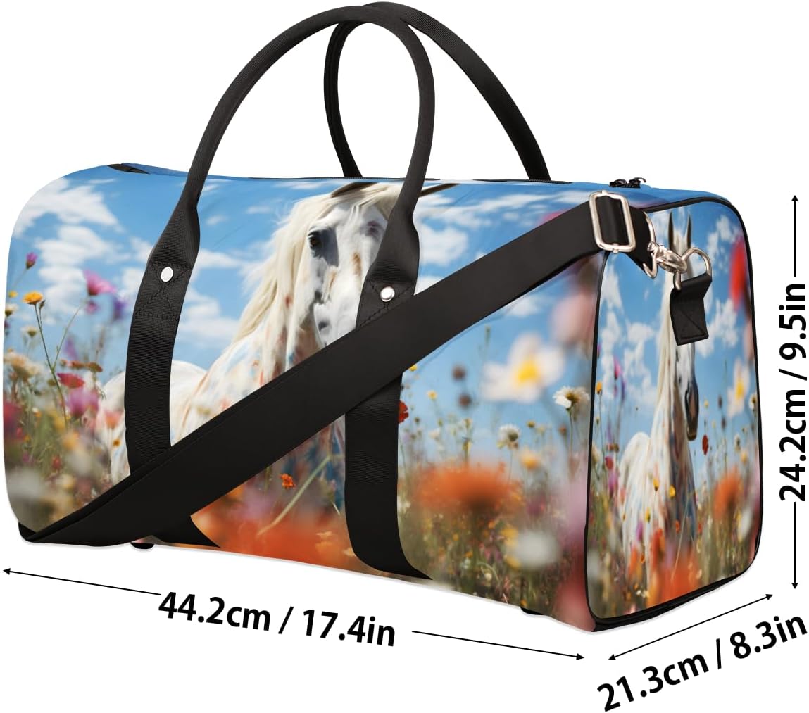 White Horses Flower Fields Travel Duffel Bag for Women Men Large Capacity Overnight Weekender Bags for Lightweight Waterproof Sport Gym Bag for Workout Yoga Swim
