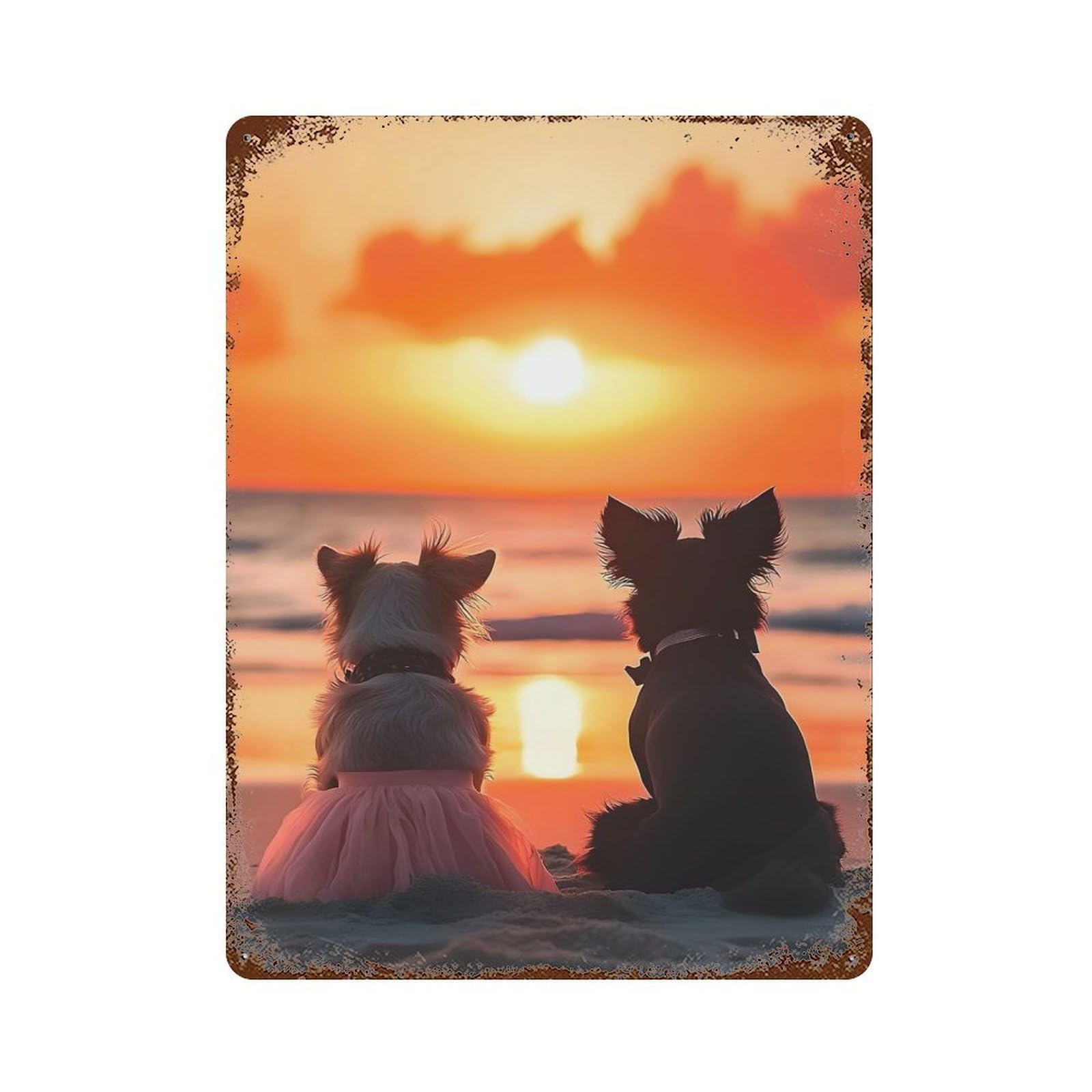 Aged Metal Wall Plaque with Lovely Couple Dogs Watching Sunset on The Beach Design 15.7"x11.8", for Cafe, Home Bar And Lounge Decor, Novelty Wall Decor