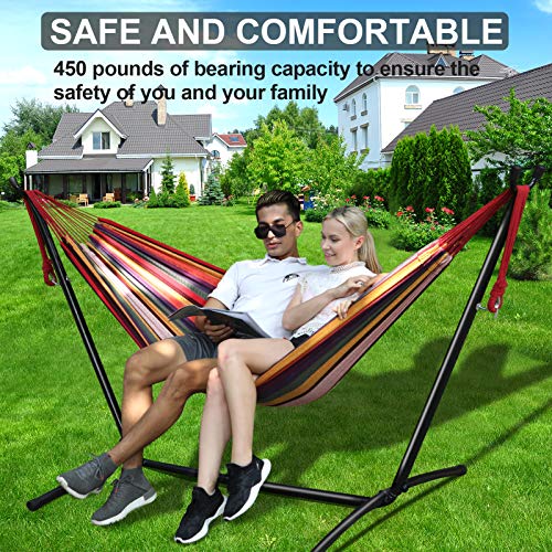 Kanchimi Hammock with Stand,Max Load 450lbs,Portable Double Hammock for para Patio,Indoor Outdoor Hammock with Stand 2 Person Heavy Duty,Premium Carrying Case Included(Rainbow)