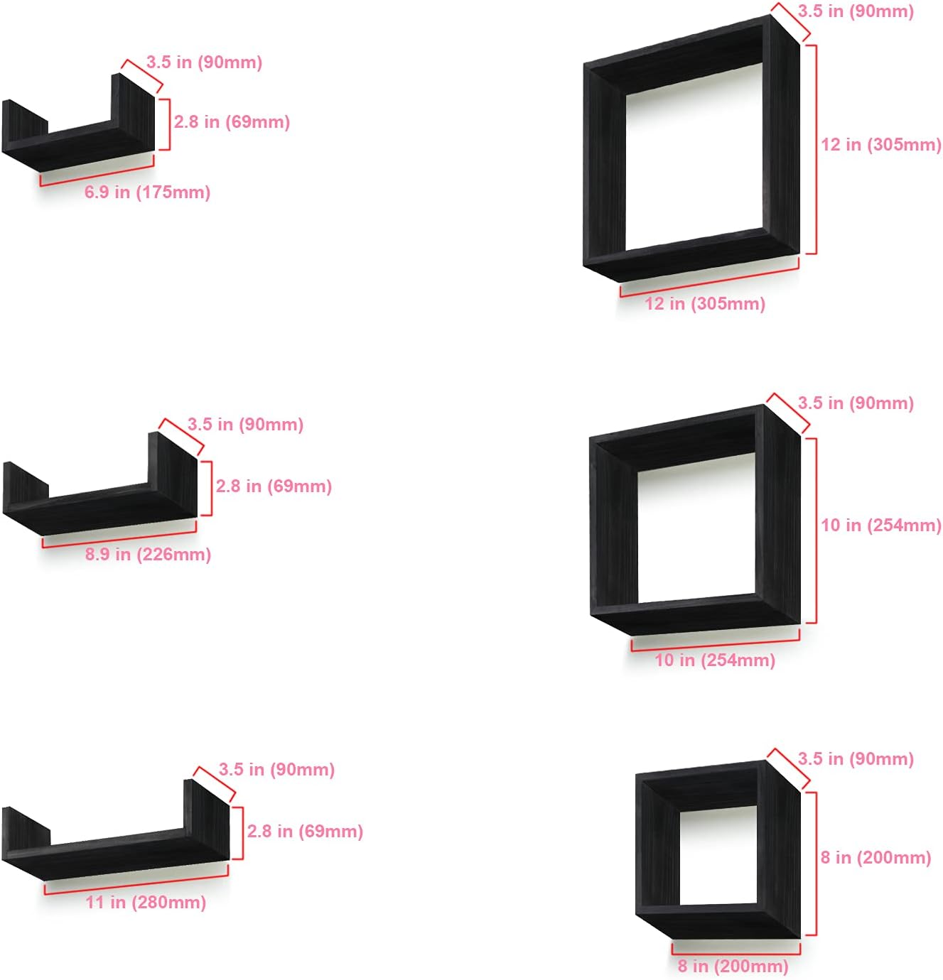 RR ROUND RICH DESIGN Floating Shelves Set of 6 - Rustic Wood Wall Shelves with 3 Small U Shelve and 3 Square Boxes for Free Grouping Black