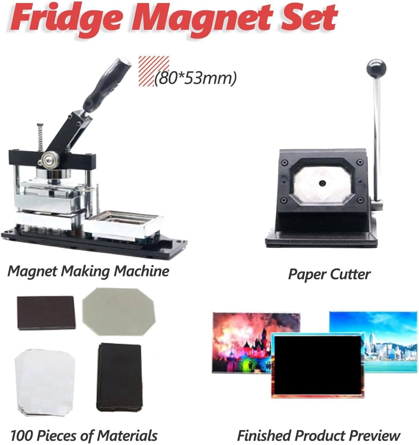 DIY Badge Maker Kit - Rectangle Fridge Magnet Set with Button Badge Machine, Paper Cutter & 100 Components - Perfect for Custom Badge Creation,80 * 53mm