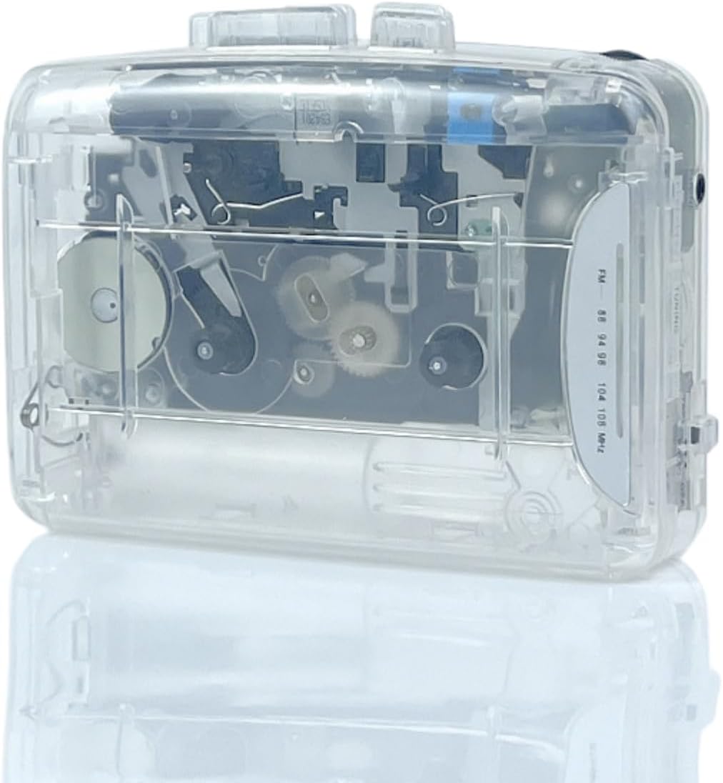 Tangxi Transparent Cassette Player with FM Radio, Portable Cassette Player Tape Recorder with Earphone, Headphone Jack, Supports USB Power or AA Batteries (Transparent White)