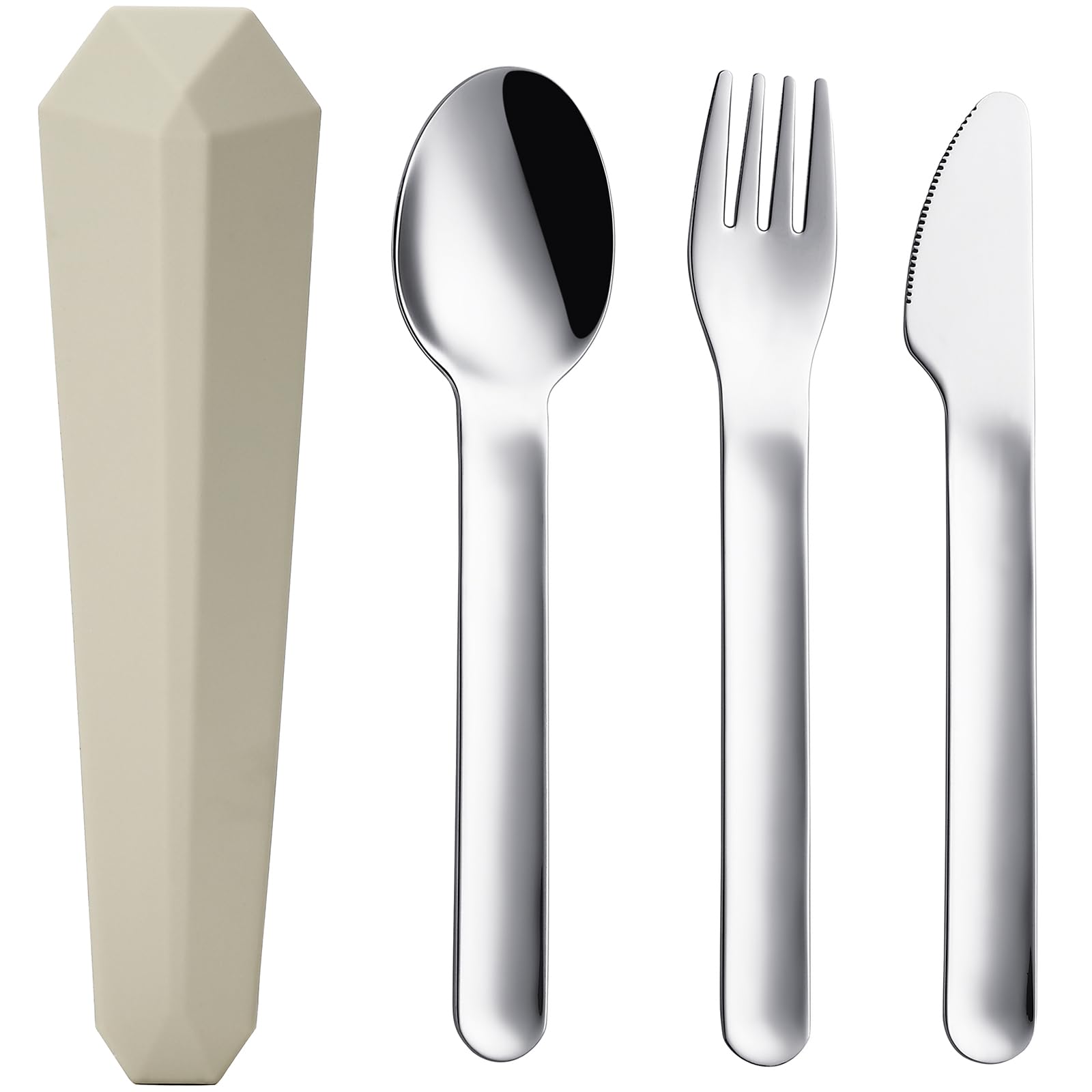 DEVICO Travel Cutlery Set with Case, Portable Picnic Camping Utensils Set for 1, Reusable 18/8 Stainless Steel Fork Spoon Knife for Lunch School Workplace, Dishwasher Safe (Khaki)