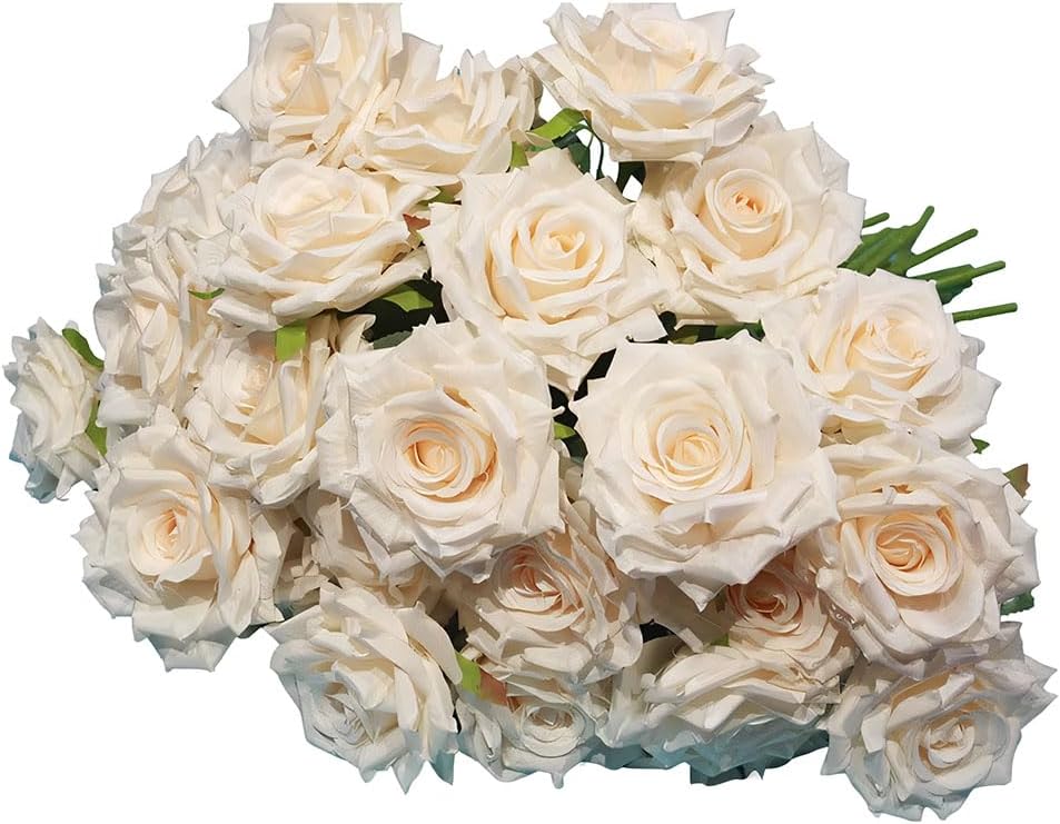 Rose Champagne White Artificial Flowers Realistic Silk Flower, as a Tabletop Bouquet or Wedding centerpieces, Faux Flowers for Outdoor planters (30)