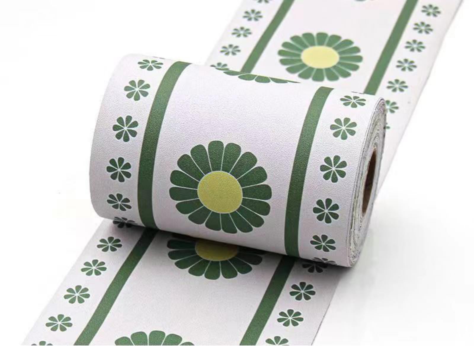 VisitRyl Green Wallpaper Border Self Adhesive Wall Tiles Decorative, Peel and Stick Wall Border Bathroom Stickers Children's Room Green Daisy 10cm X 500cm