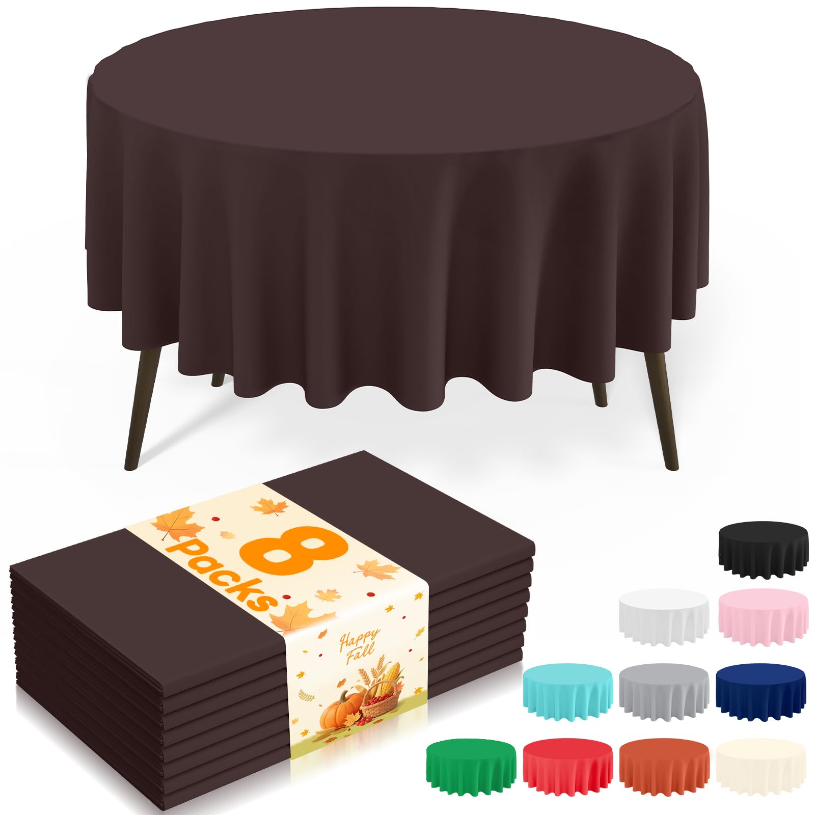 misaya 8 Packs Disposable Plastic Table Cloth, 84" Round Waterproof Tablecloth, Leakproof &amp; Sturdy Decorative Table Covers for Picnic, Party and Outdoor, Coffee