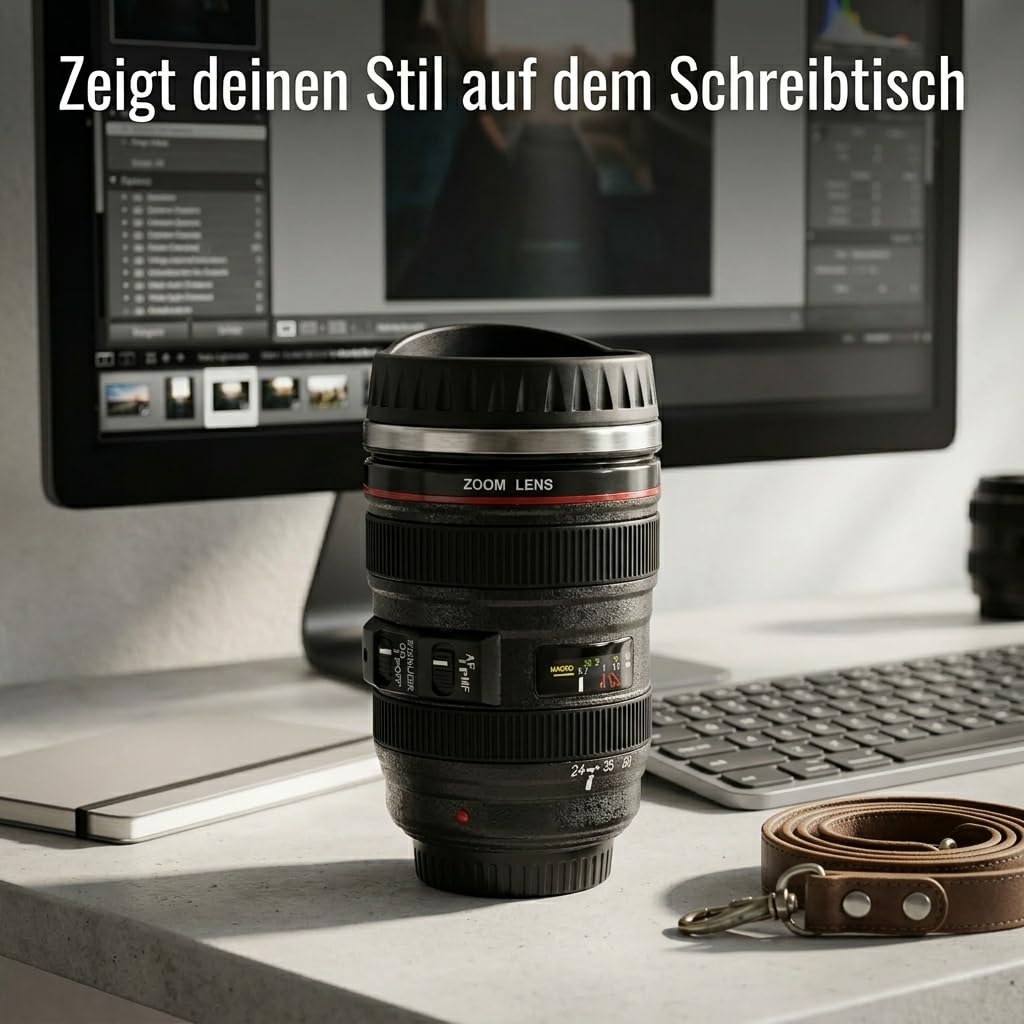 MIJOMA Kameraobjektiv Becher – Thermobecher mit Edelstahleinsatz – 350 ml – Kaffeebecher im Kamera-Design – mit Deckel & rutschfestem Griff (Packung mit 2)