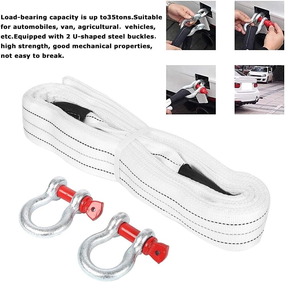 Heavy Duty Tow Strap with Safety Metal Hooks 5M 10T Strong Break Strengthened White Nylon Shackle Towing Rope for Vehicle Recovery in Roadside Emergency(3 Meters 10 tons)