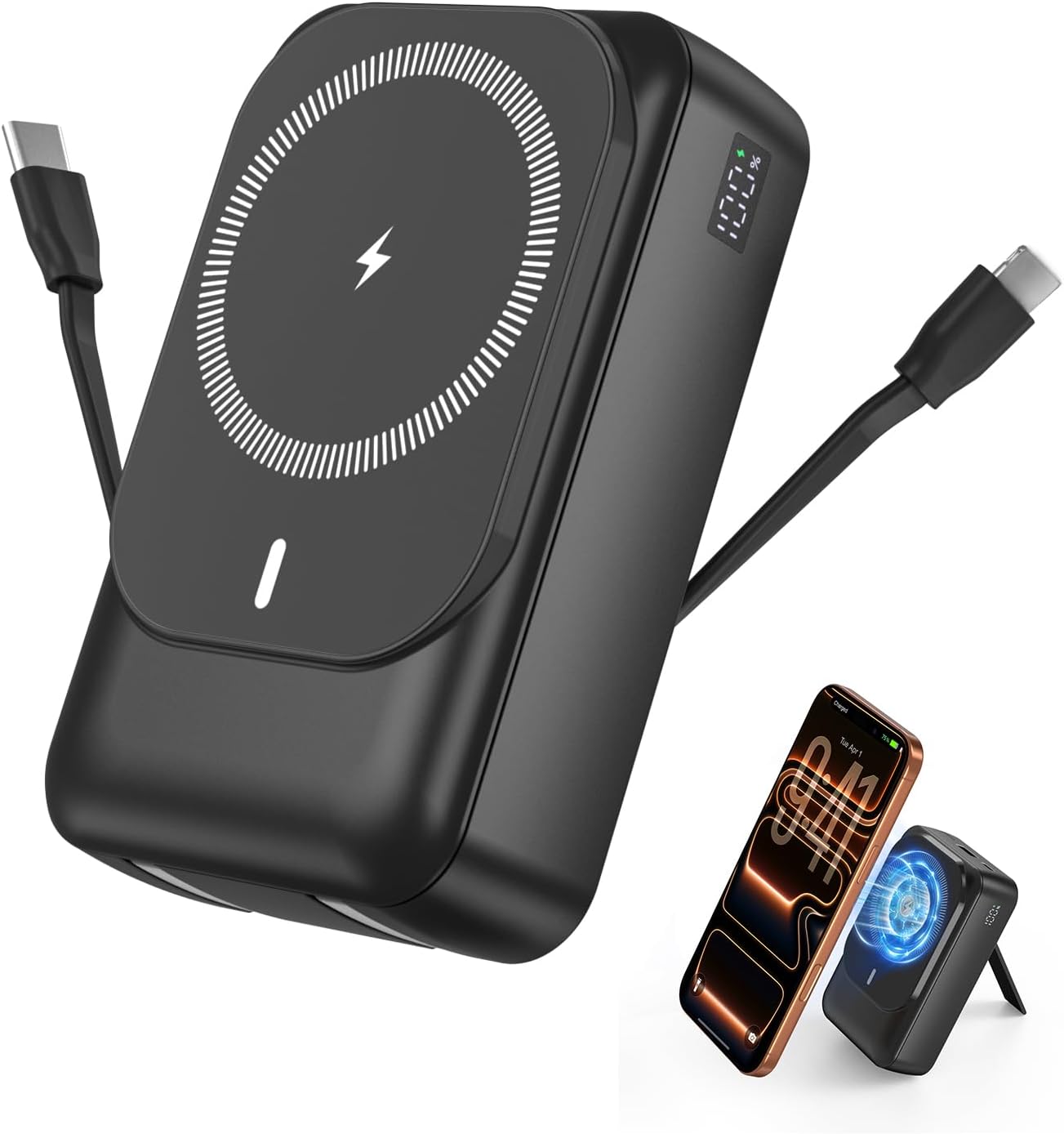 Magnetic Wireless Power Bank 26800mAh, PD 22.5W Type-C Fast Charging Portable Charger 5 Outputs, Battery Pack for Magsafe Built in 2 Cables with Stand LED Display for iPhone 17/16/15/14/13/12-Black