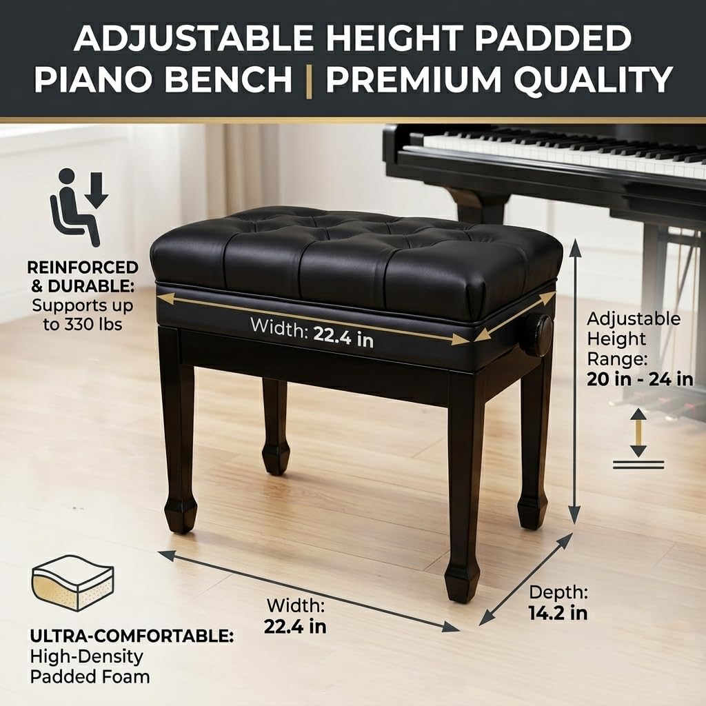 Adjustable Piano Bench with Storage Imports Genuine Leather Wooden Piano Stool with Padded Cushion