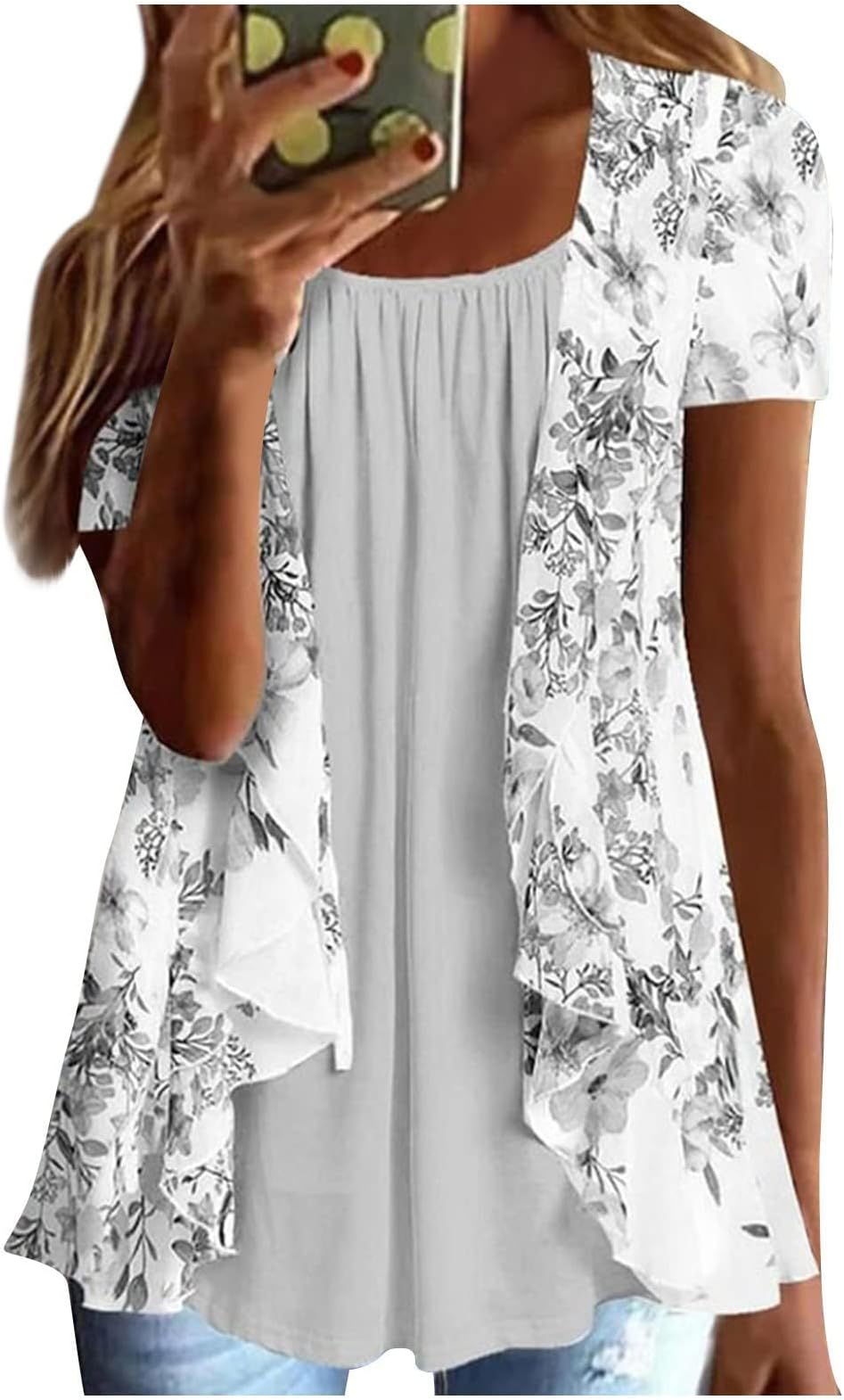 AMhomelyLadies Tops Summer Tops for Women UK Elegant Floral Printed T Shirts Blouse Casual Crew Neck Short Sleeve Tops Fake Two Pieces Plus Size Shirts Tunic Tops Loose Fit Tees Shirts
