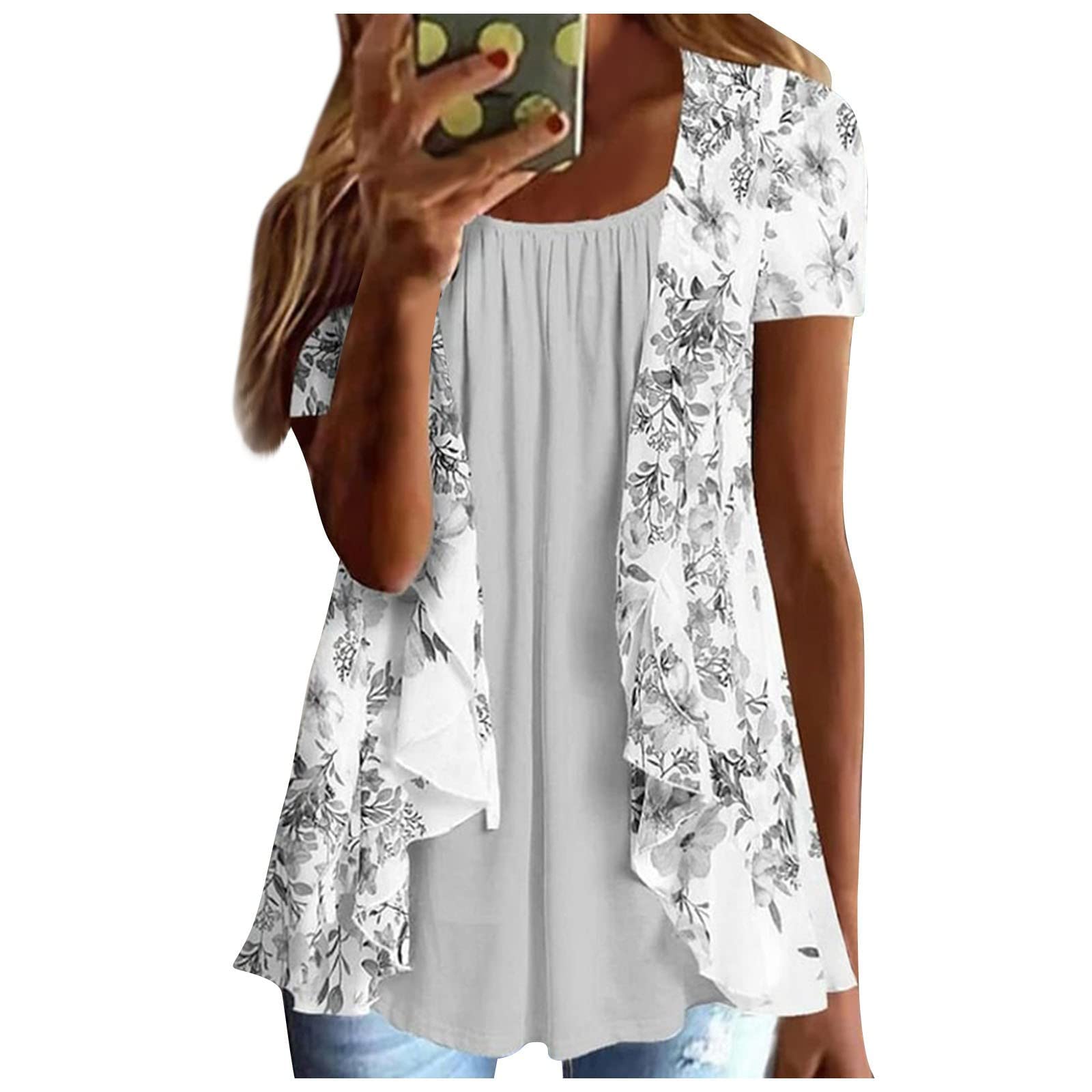 AMhomelyLadies Tops Summer Tops for Women UK Elegant Floral Printed T Shirts Blouse Casual Crew Neck Short Sleeve Tops Fake Two Pieces Plus Size Shirts Tunic Tops Loose Fit Tees Shirts