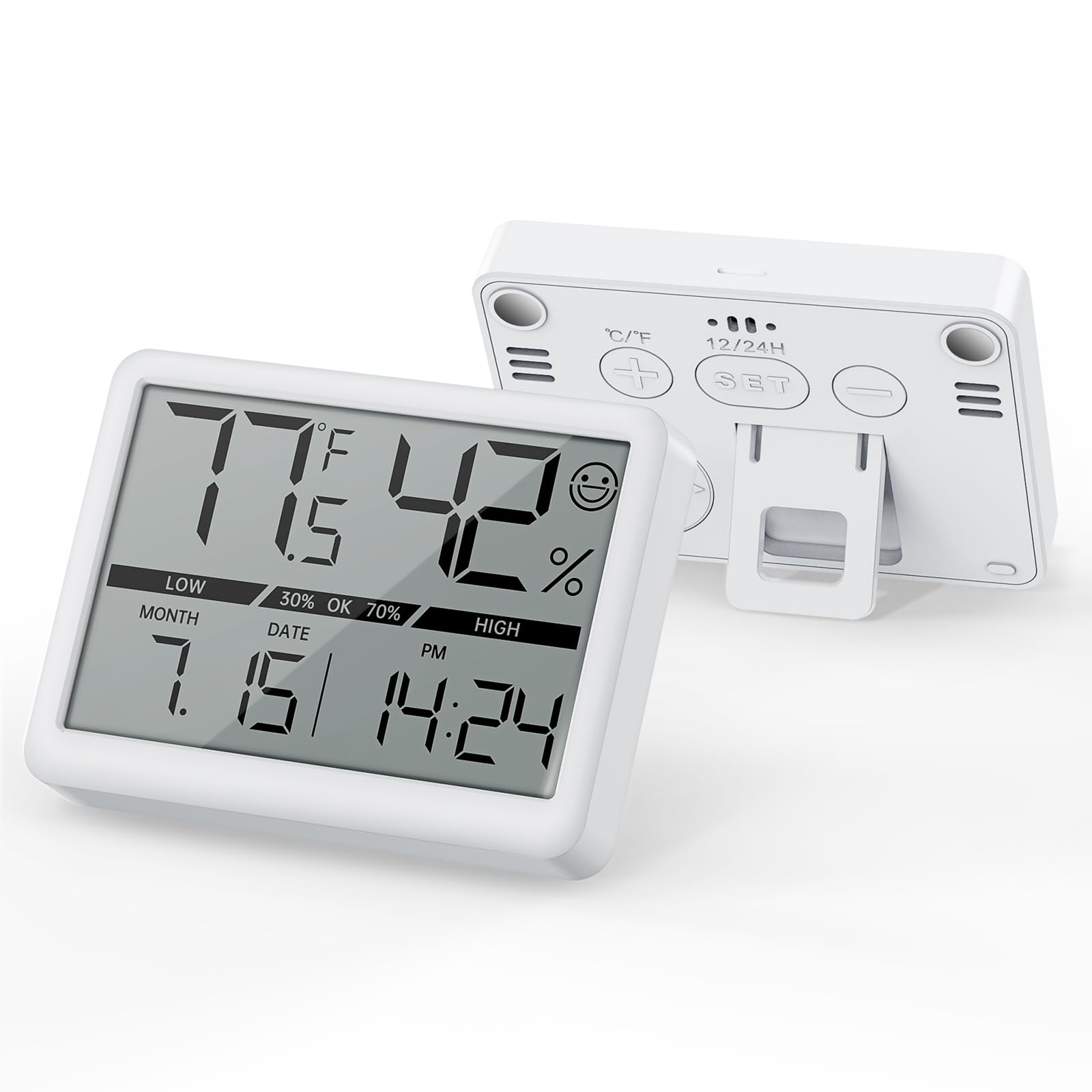 Deeyaple Small Digital Clock, New Upgrade Battery Powered Magnetic Clock Humidity Meter Thermometer High Accuracy Temp(?/?) Date 12/24H Display LCD Large Number Indoor Outdoor Travel White