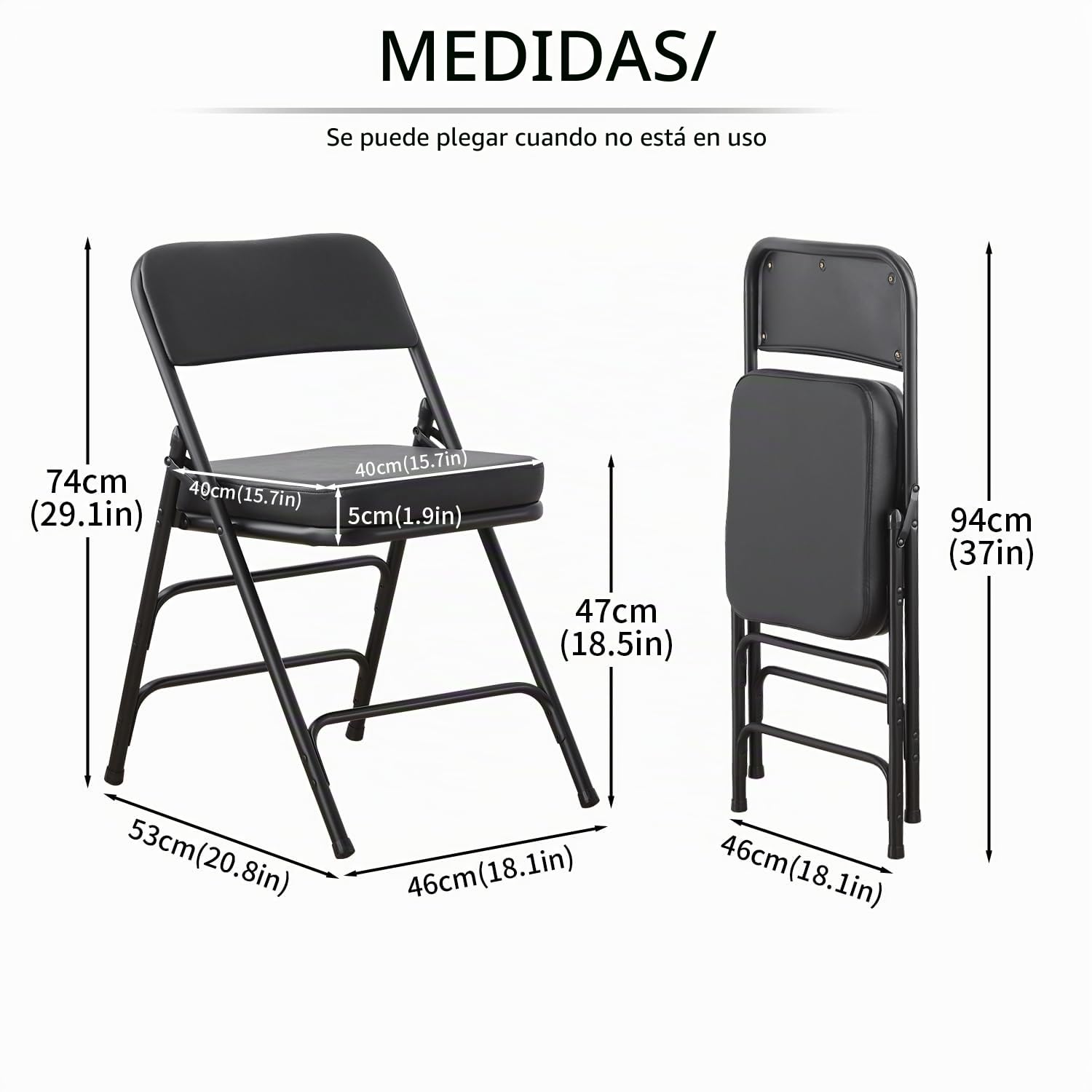 KAIHAOWIN Sillas plegables con asiento acolchado ultra grueso, silla plegable para interiores, cómodas sillas de metal con cojín suave, color negro