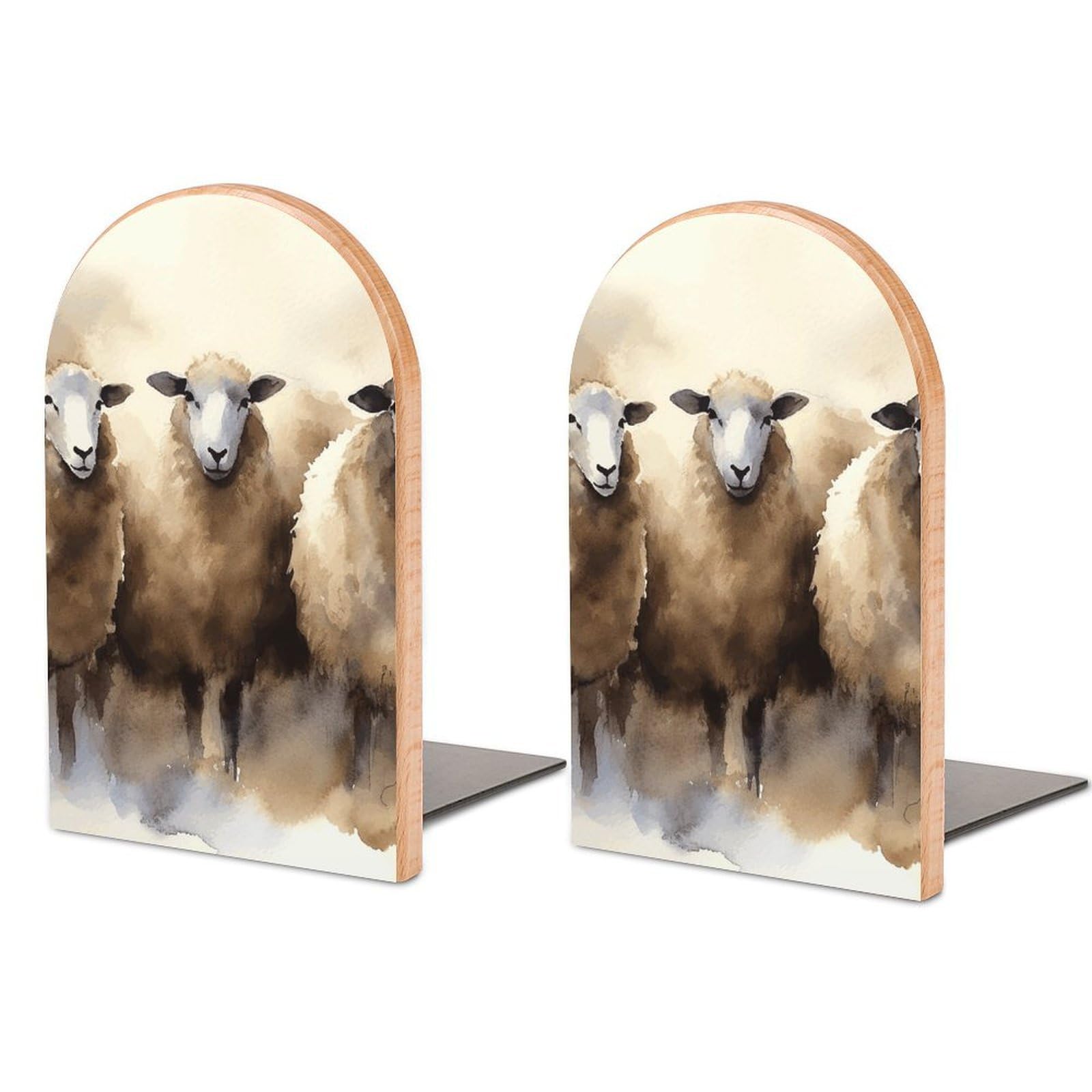 Beech Wood Book Ends Sheeps Watercolor Printed Bookend for Shelves Home Decorative Bookends for Heavy Books for Office Bookshelves