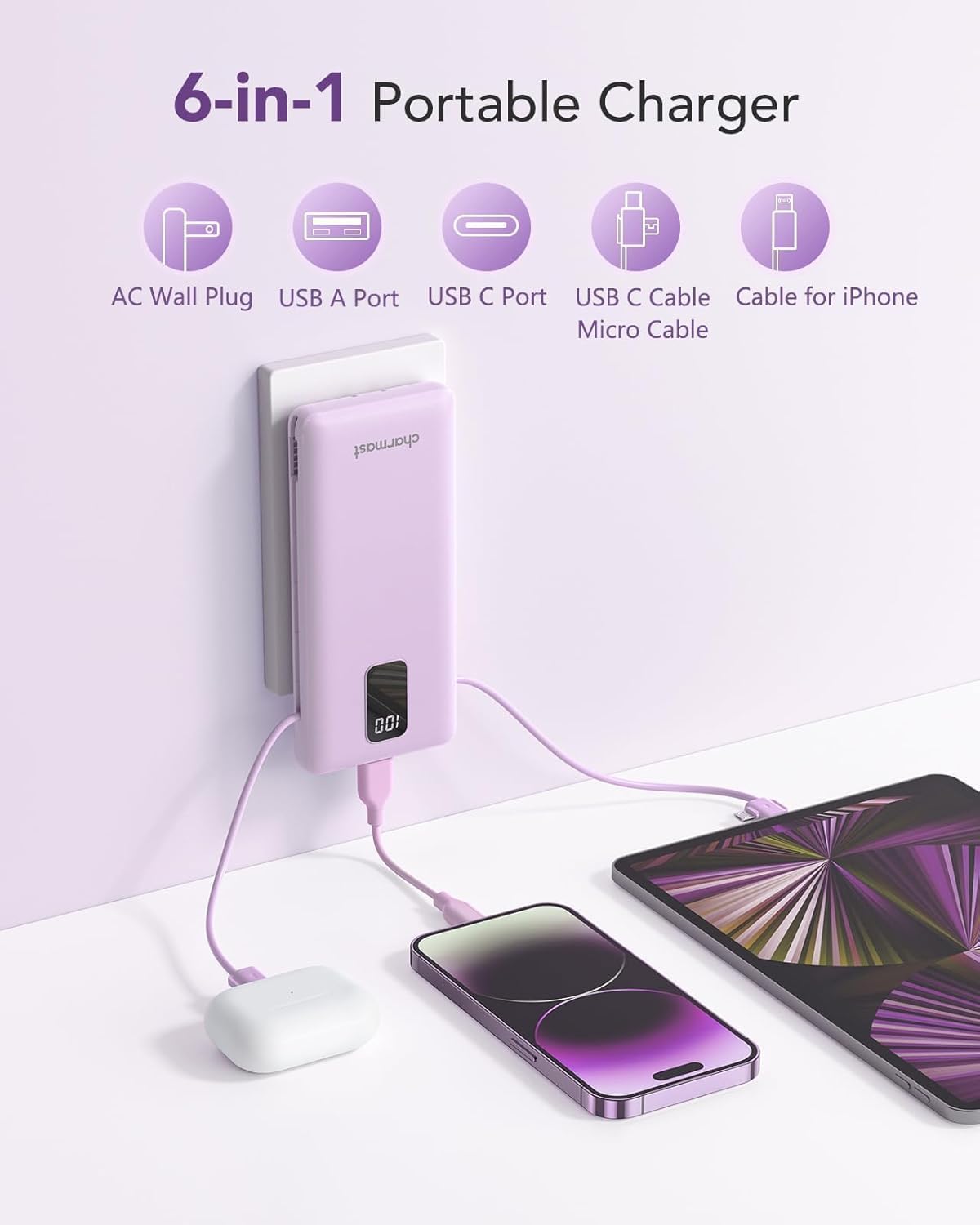 charmast Portable Charger with Built-in Cables & Wall Plug, 10000mAh Portable Power Bank, External Battery Pack Travel Essentials Compatible with iPhone 16/15/14/13, Samsung, iPad etc 3 61HdimrKZ9L. AC SL1500