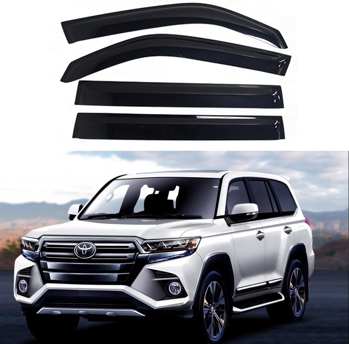 Original 4pcs Wind Deflector, Outside Mount Tape-On Waterproof Protective Rain Guards Set, Sunroof Side Window Visors Compatible with 2008-2021 Toyota Land Cruider 94071