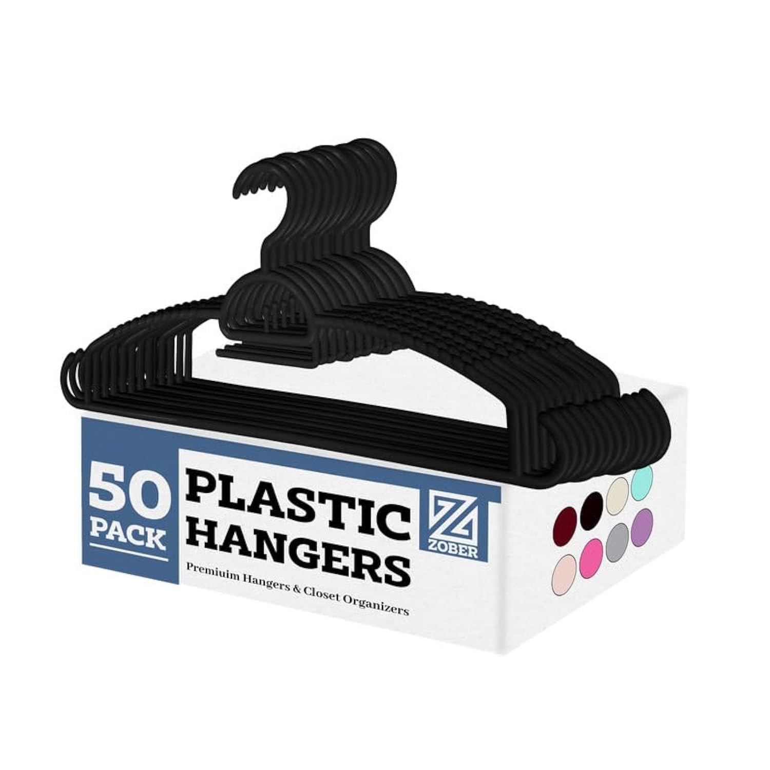 Zober Plastic Hangers - Standard Set Of Clothes Hangers For Coats, Jackets & Pants - Slim Coat Hanger Set For Everyday Use - Clothing Hangers W/Hooks - Heavy Duty Hangers 50Pack