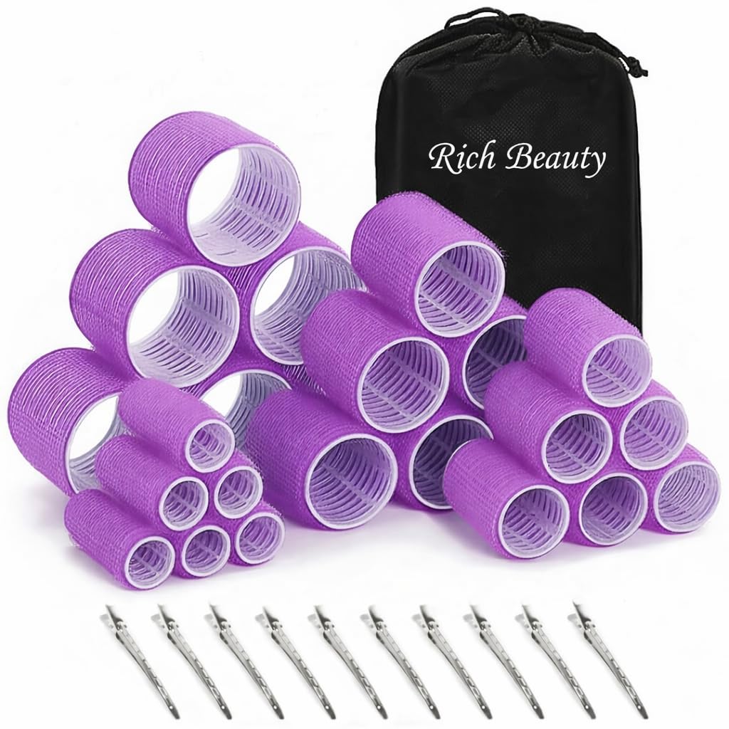 Self Grip Hair Curlers 34 Pcs Set with 24 Velcro Rollers (4 Sizes) + 10 Stainless Steel Duckbill Clips | Heatless Hair Rollers for Long, Medium & Short Hair | Purple-image-0