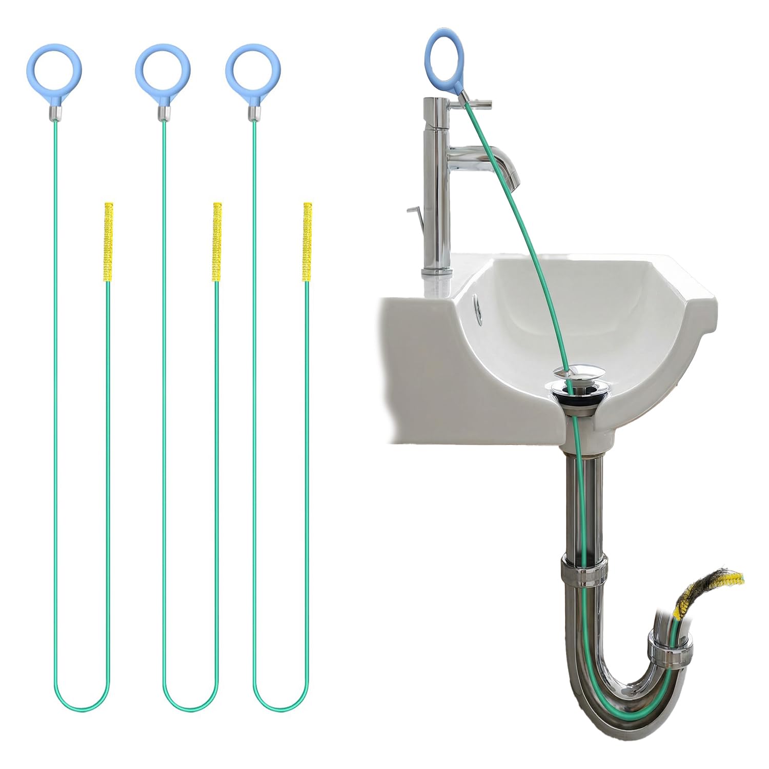 Paquete de 3 limpiadores de desagües en espiral de 130 cm, serpiente de drenaje con revestimiento de nailon de acero antiroturas, recogedor de pelo flexible para cocina, baño y bloqueo de