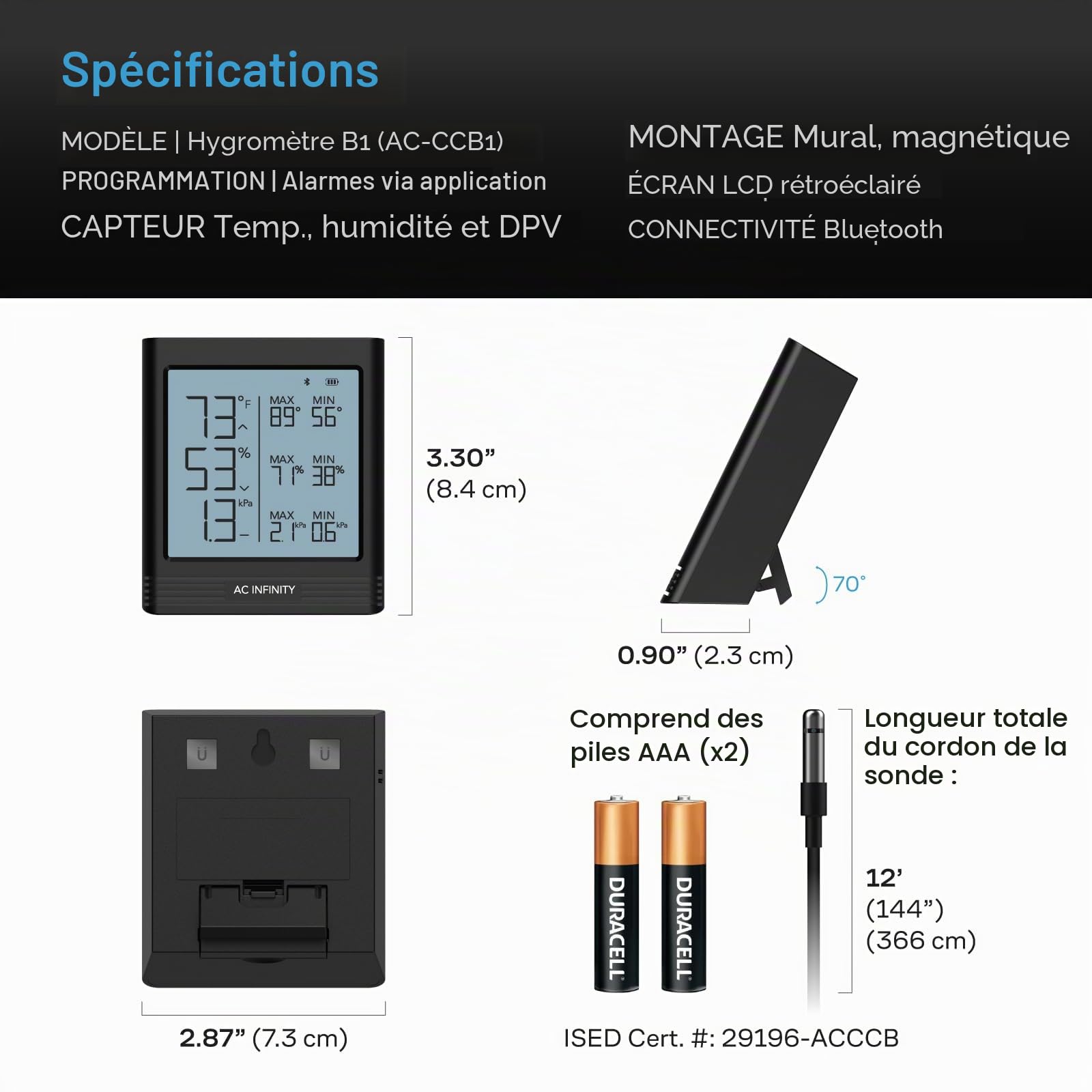 AC Infinity Hygromètre intelligent de température et d'humidité B1 avec écran LCD