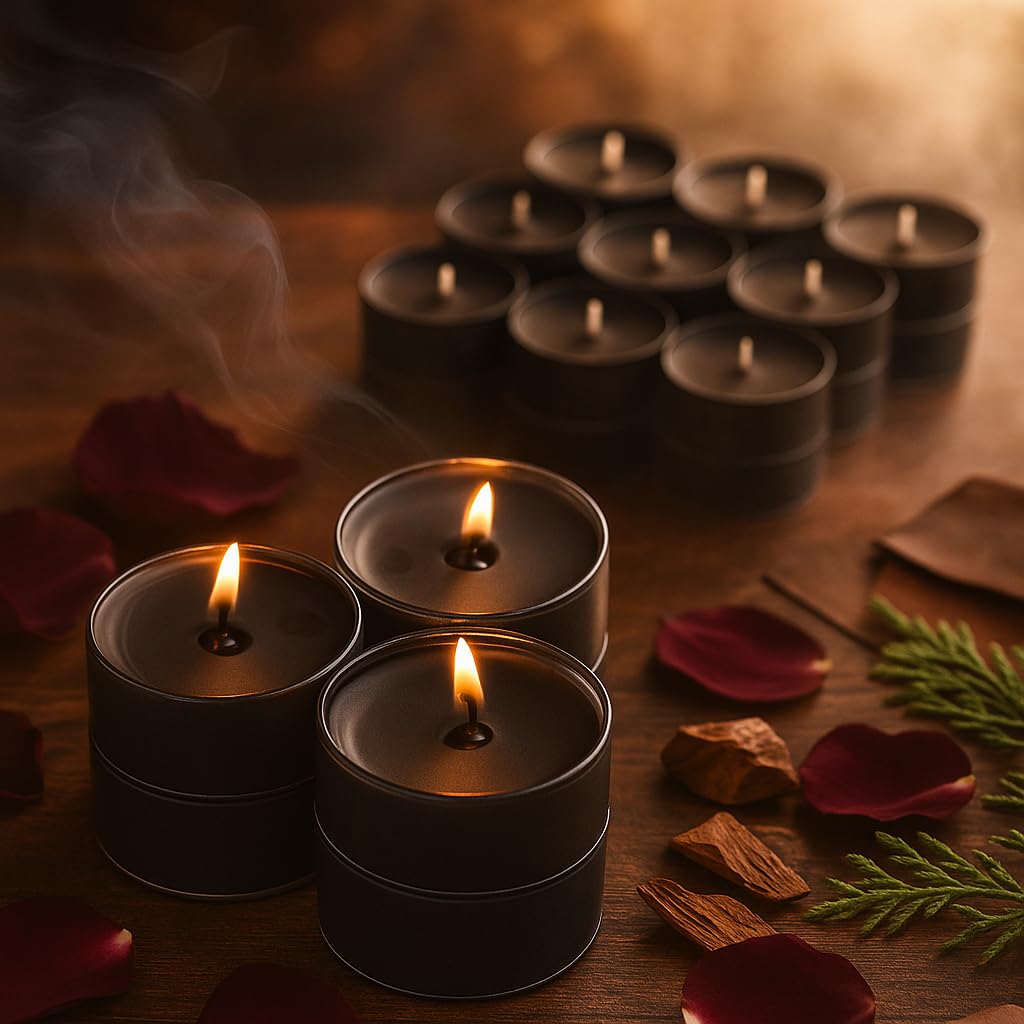 Candelo Juego de 24 velas perfumadas Ambientales – Black Rose – Velas perfumadas – Velas de té en funda de plástico cada 3,8 x 1,7 cm – 4 horas de combustión – Velas de té negras