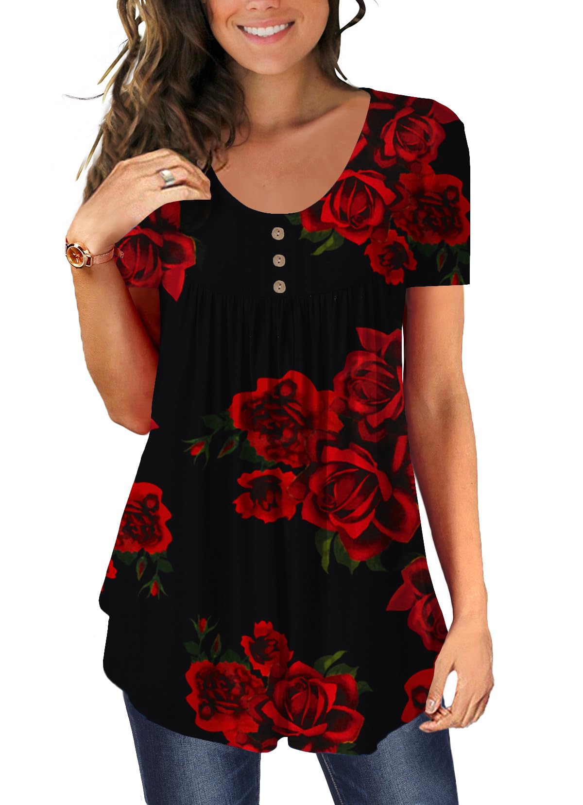 BeadChica Women's Tunic Tops For Leggings Short Sleeve Shirts Botton Up Casual Ruched Blouses Clothing
