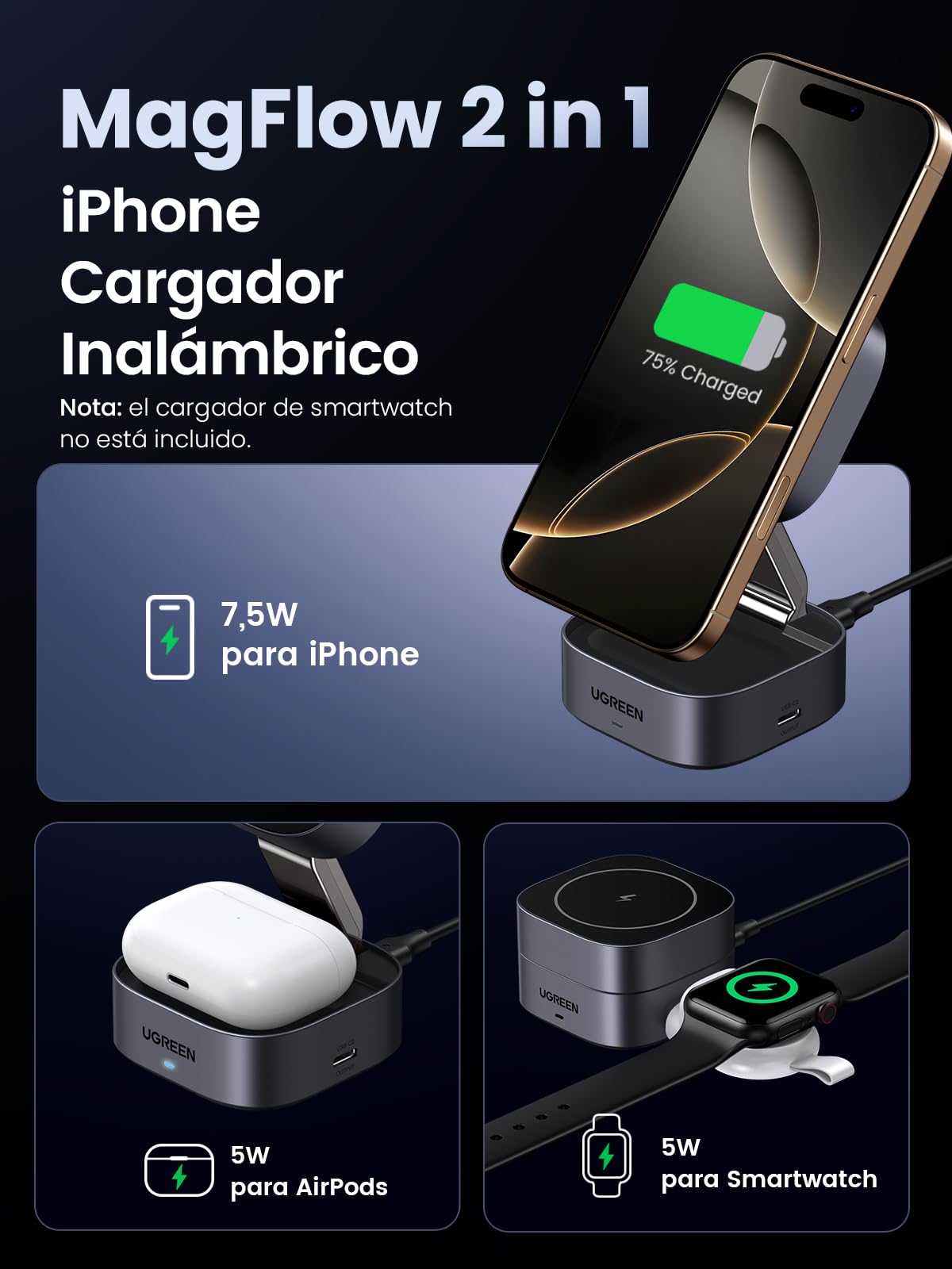UGREEN MagFlow Cargador Inalámbrico 2 en 1, Estación de Carga Magnética, Compatible con iPhone 17 Pro MAX Air/16/15/14/13/12 Series, AirPods Pro 2/3