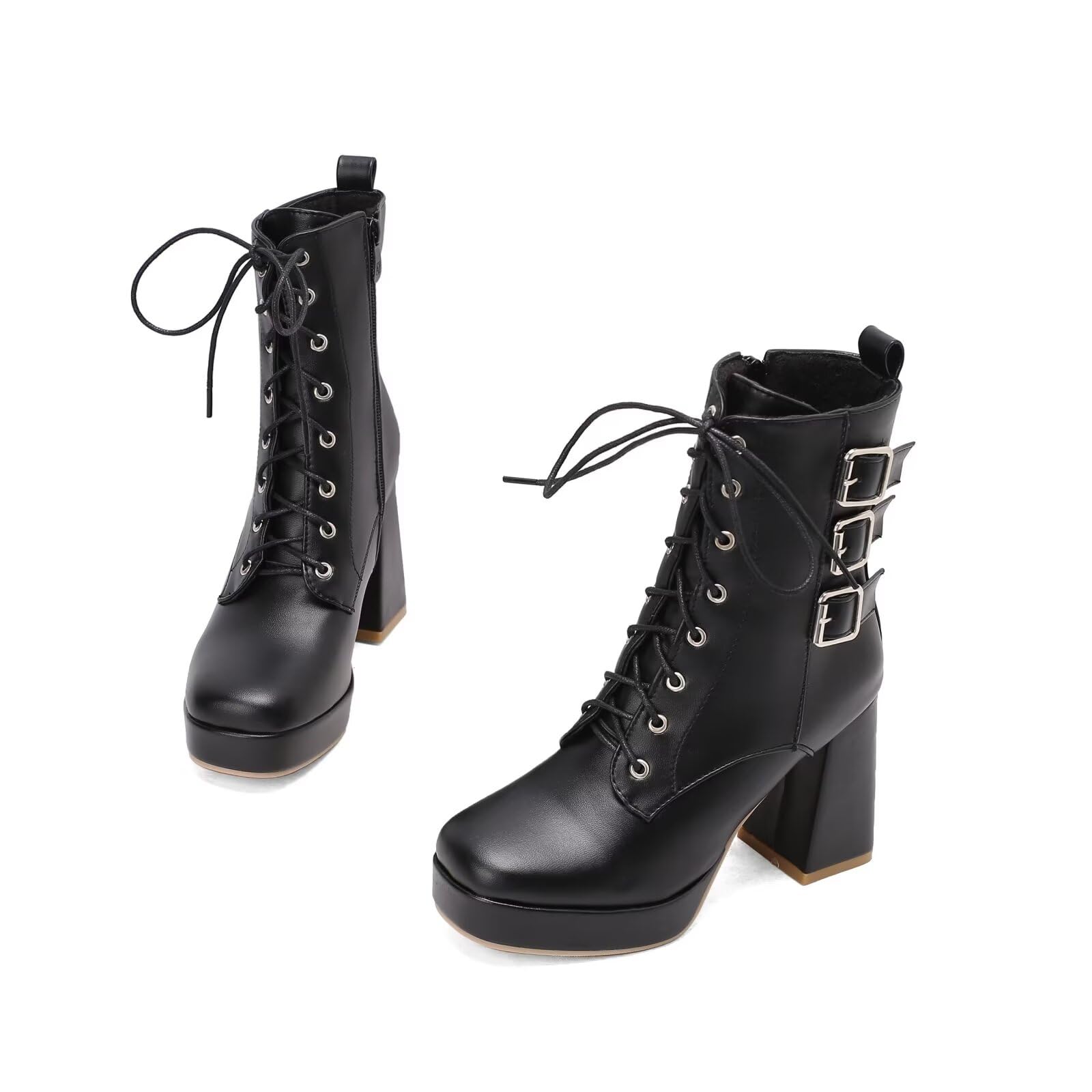 Women Buckle Strap Lace Up Ankle Boots Chunky Block High Heels Zipper Platform Round Toe Fashion Party Biker