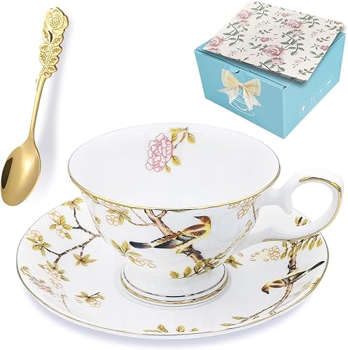 Miniatura 8 de Tazas de té y platillos, juego de tazas de café de porcelana floral de hueso de 7.5 onzas con cuchara, tazas de té de jardín vintage con ribete