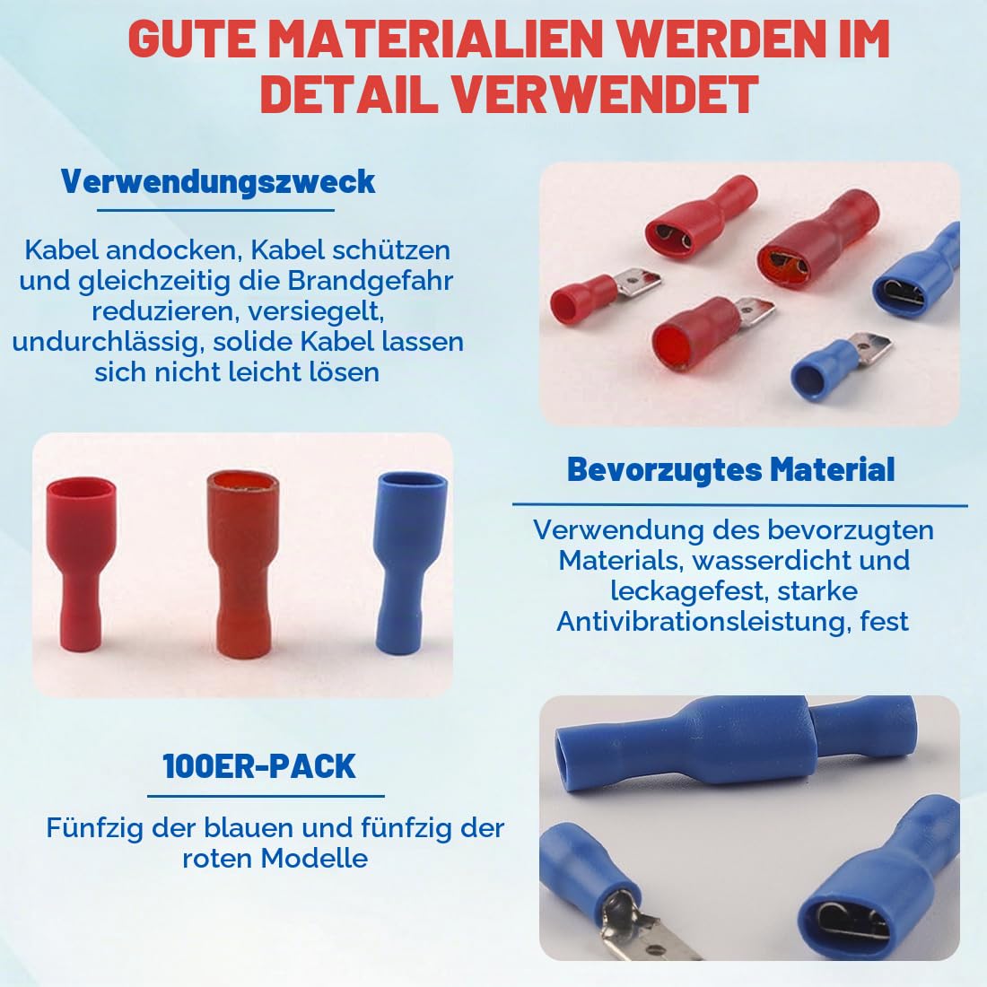 100 Pack schnellkupplungsbuchse vinyl vollisoliert, flachsteckhülsen 6.3 x 0.8mm Kabelschuh, Rot für 0.5-1.5mm² (22-16 AWG), Blau für 1.5-2.5mm² (16-14 AWG)
