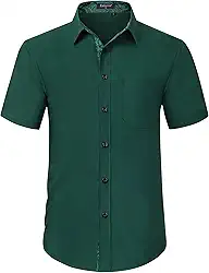 Camisa social masculina de manga curta, cor sólida, ajuste regular, casual, abotoada, com bolso